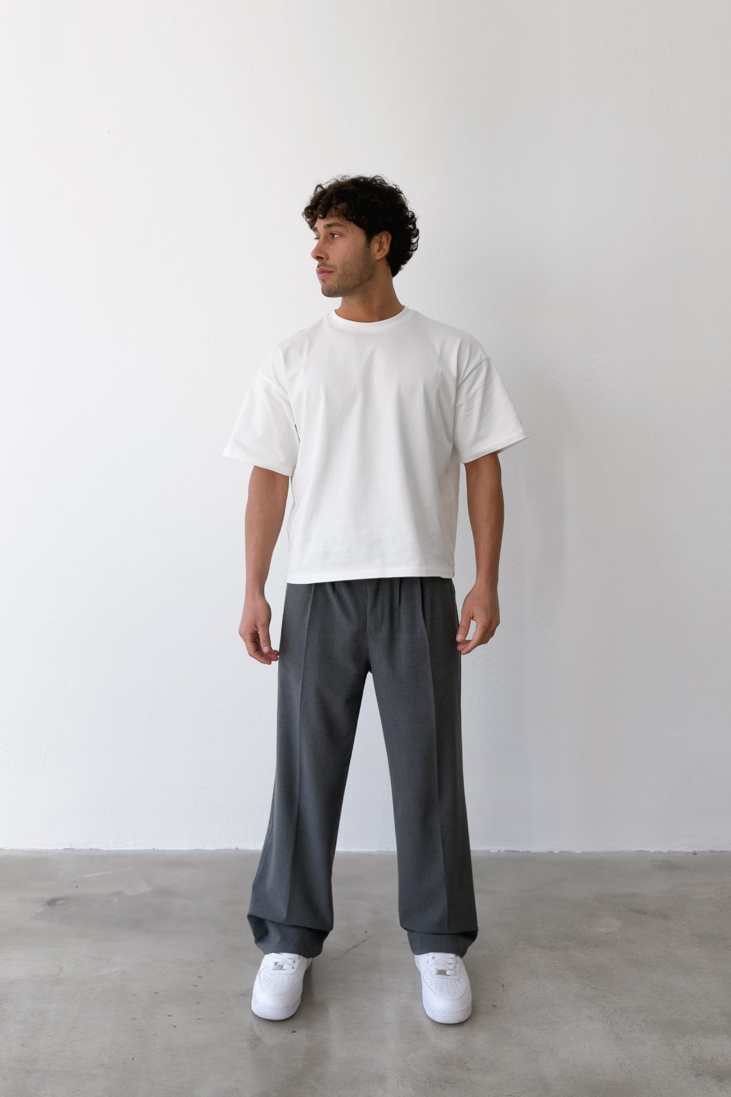 Pleated Baggy Fit Fabric Dark Grey Trousers