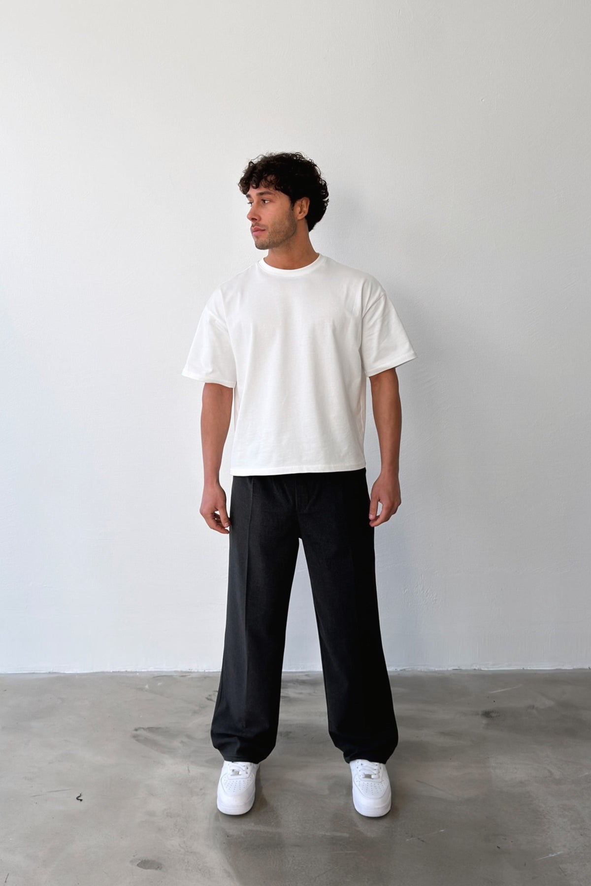 Pleated Baggy Fit Fabric Anthracite Trousers