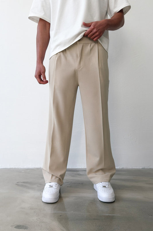 Pleated Baggy Fit Fabric Beige Trousers