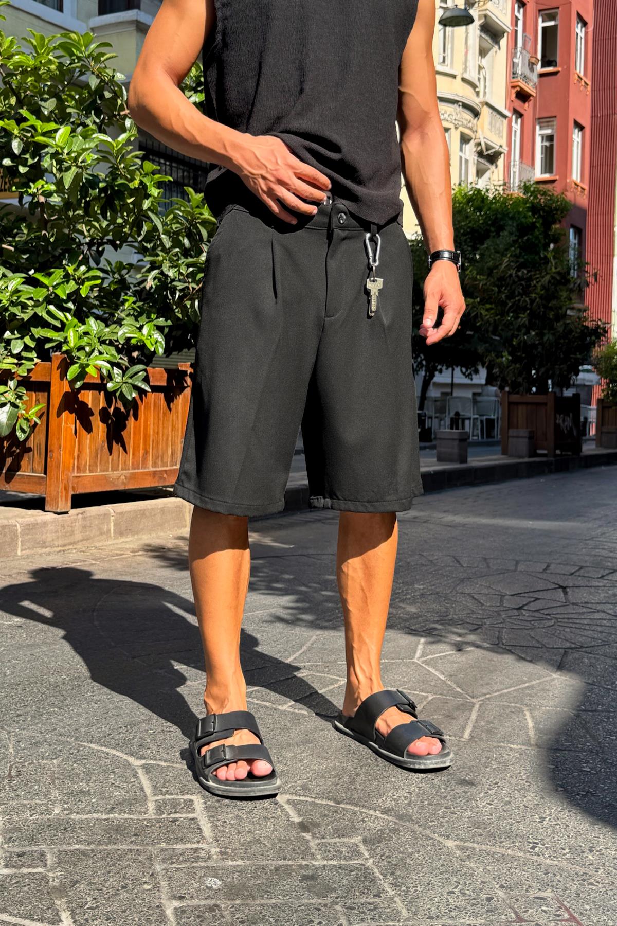 Pleated Black Fabric Shorts Black