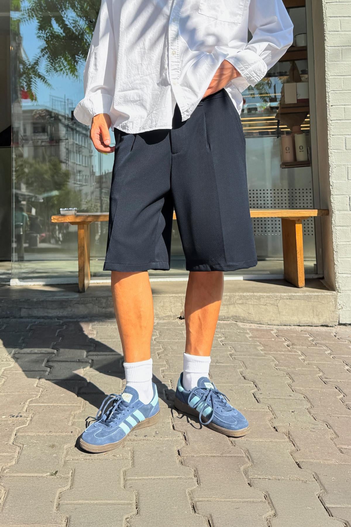 Pleated Fabric Shorts Navy Blue