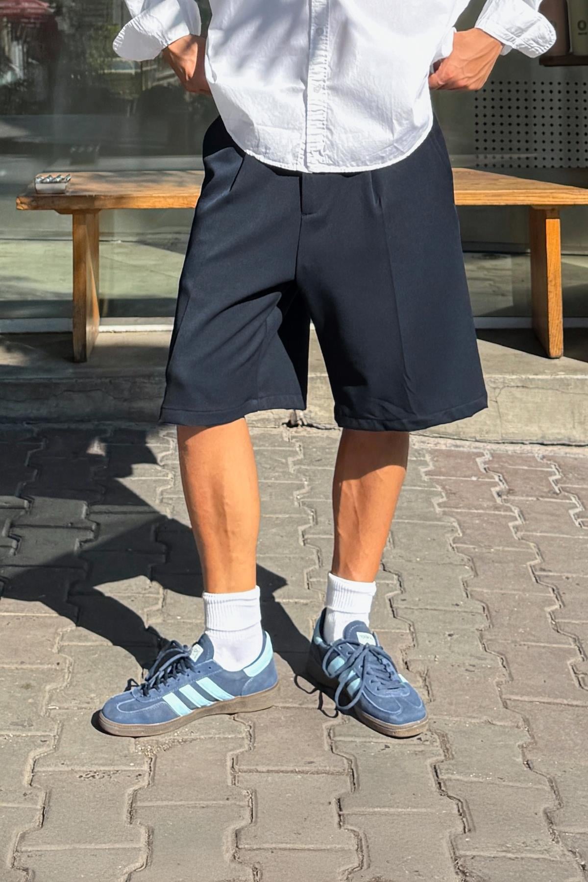 Pleated Fabric Shorts Navy Blue