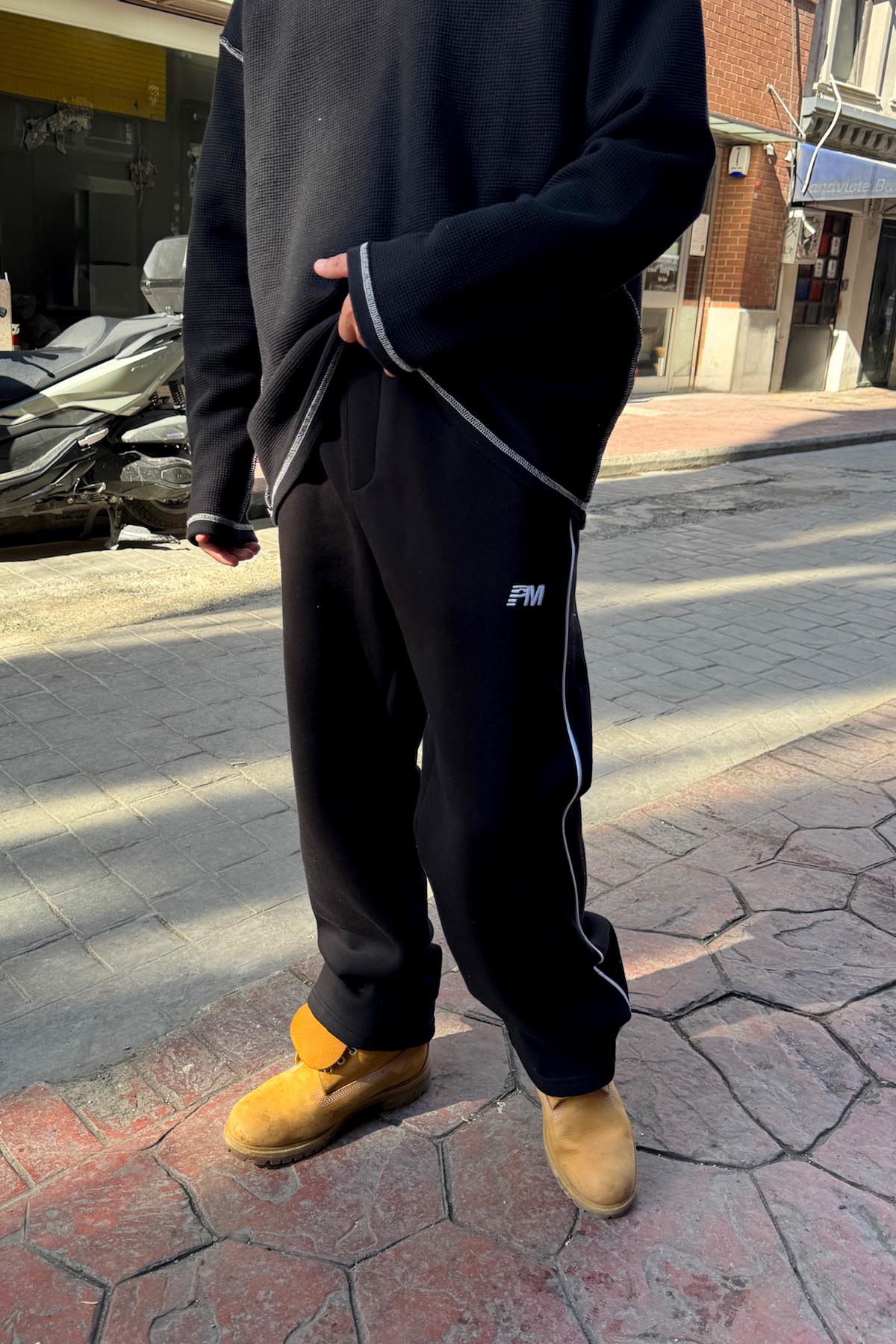 PM Embroidered and Trimmed Sweatpants, Black