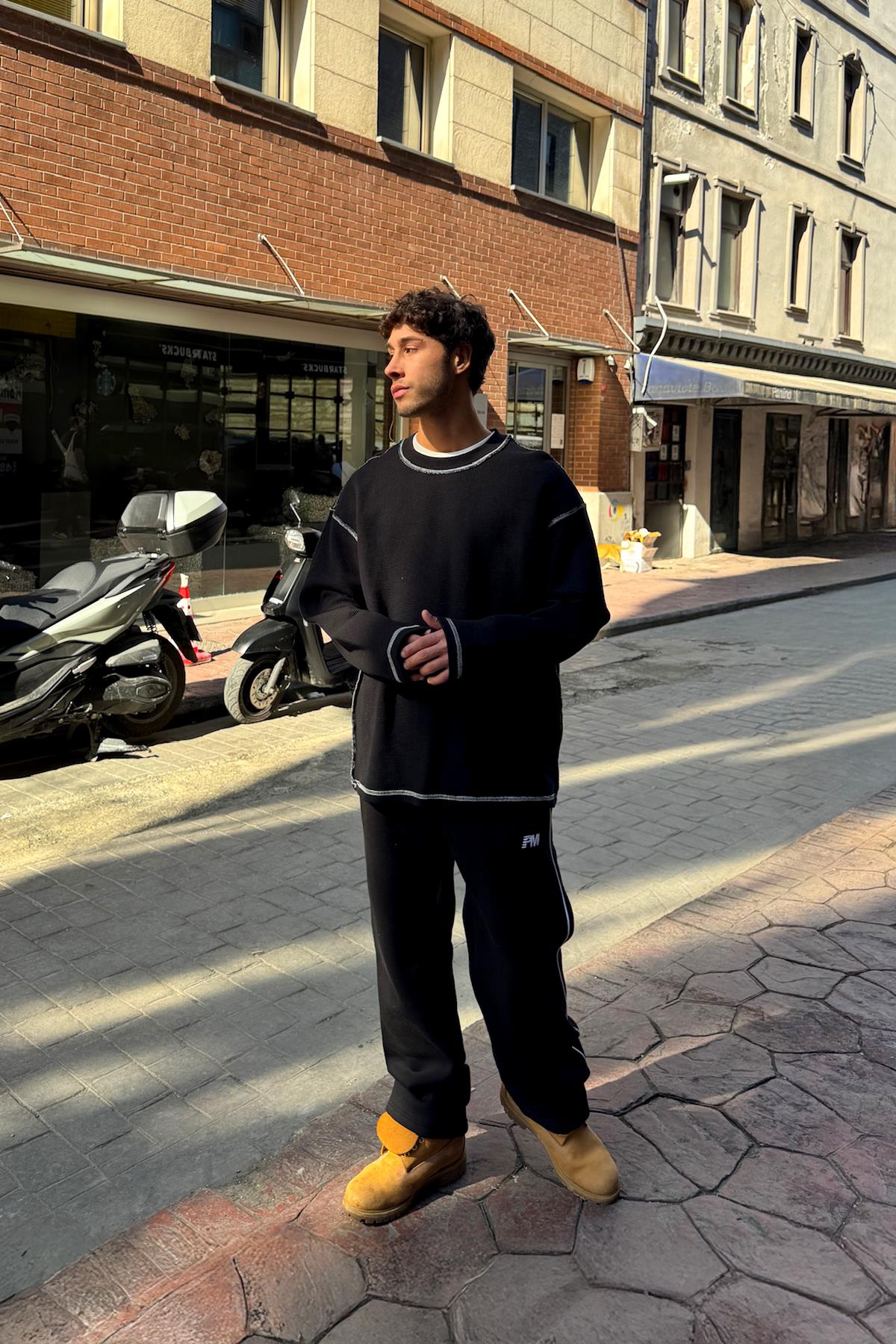 PM Embroidered and Trimmed Sweatpants, Black