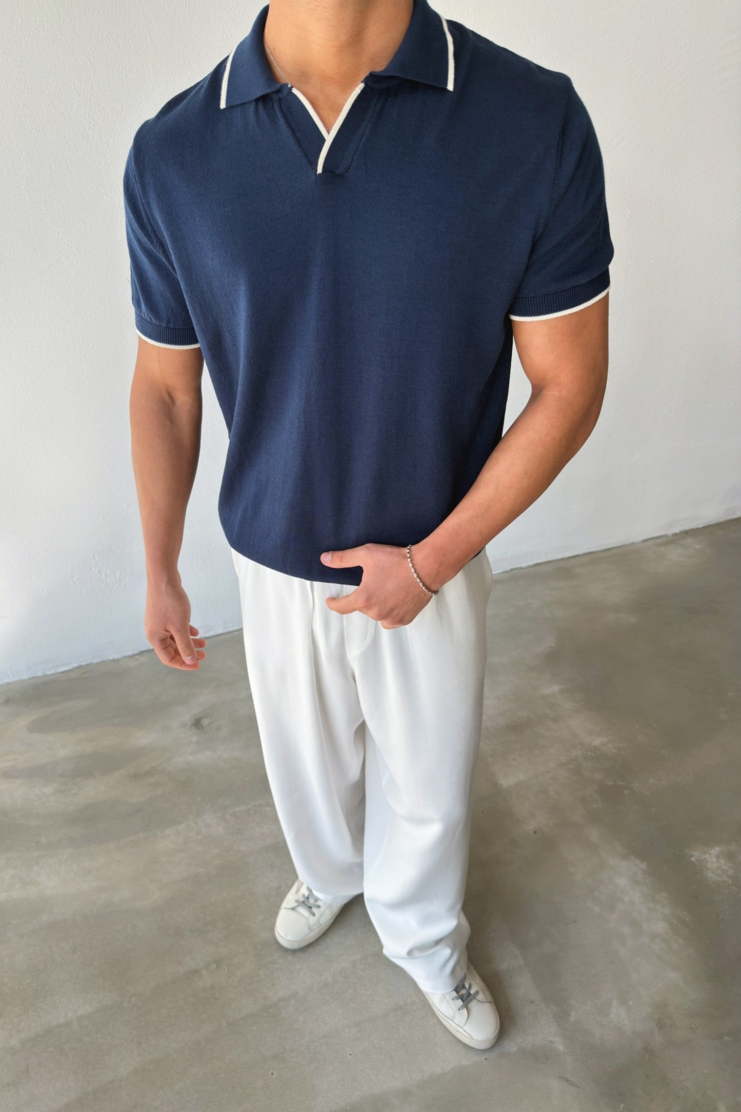 Polo Collar Knitted T-Shirt with Trim