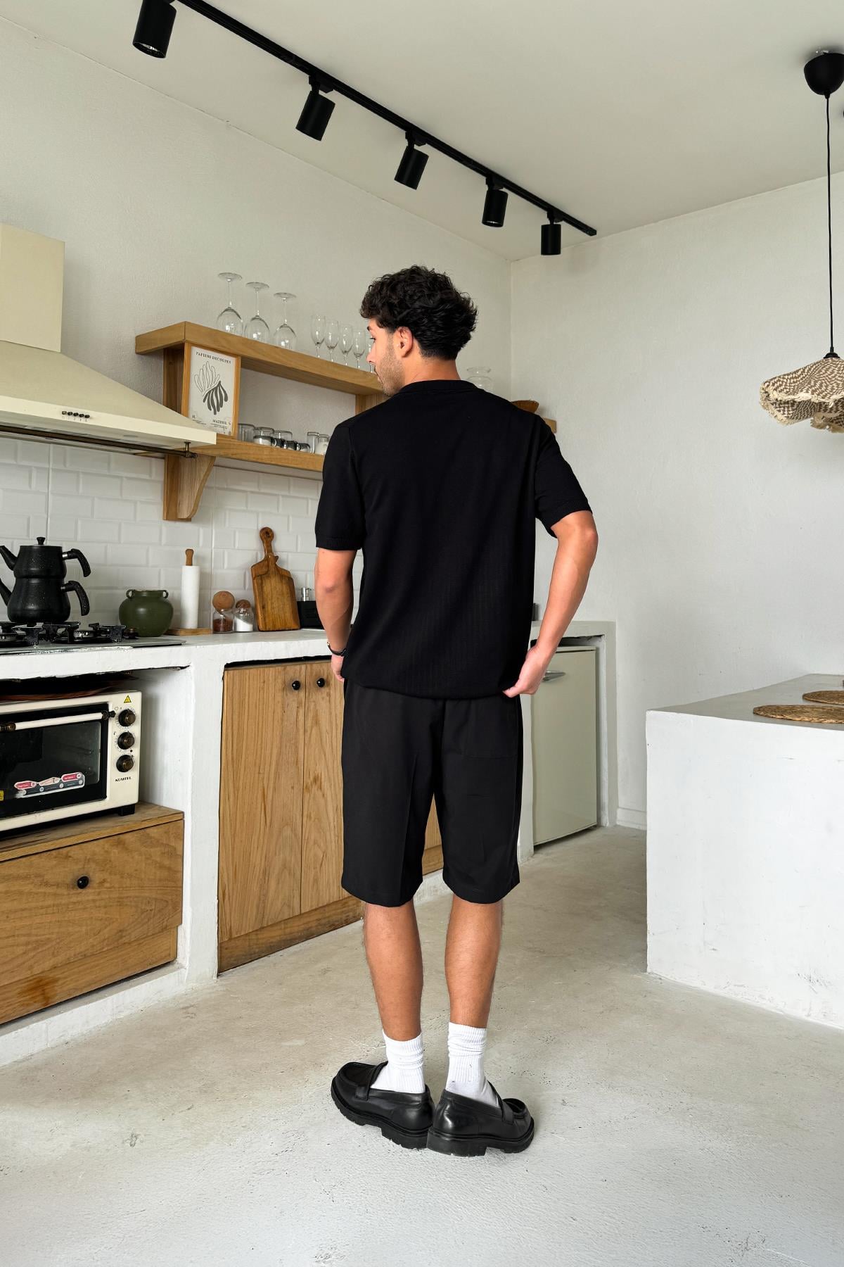 Polo Collar Striped Knit Regular T-Shirt Black
