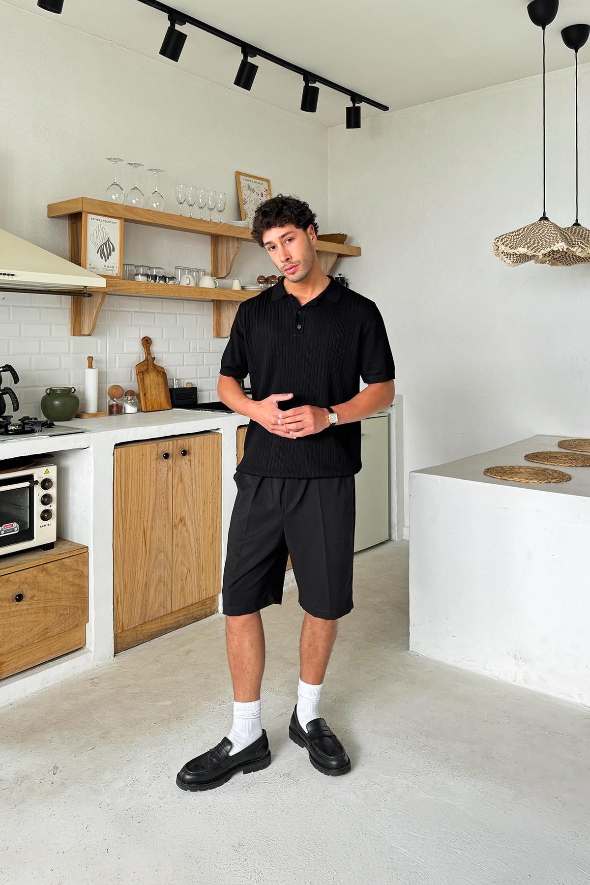 Polo Collar Striped Knit Regular T-Shirt Black