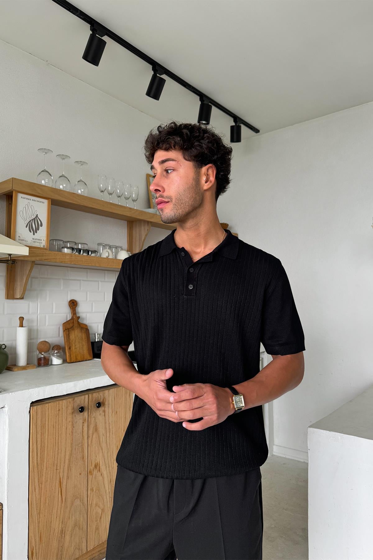 Polo Collar Striped Knit Regular T-Shirt