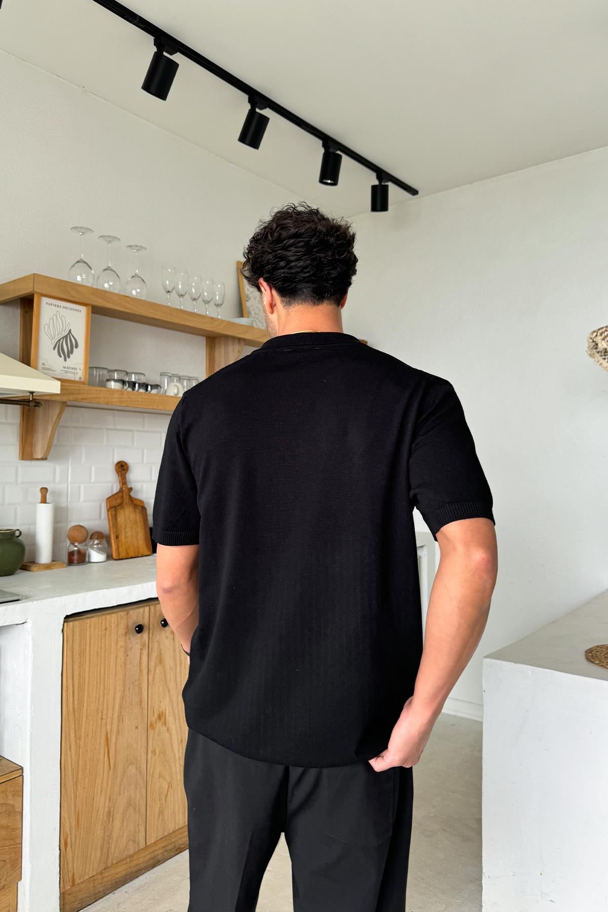 Polo Collar Striped Knit Regular T-Shirt Black
