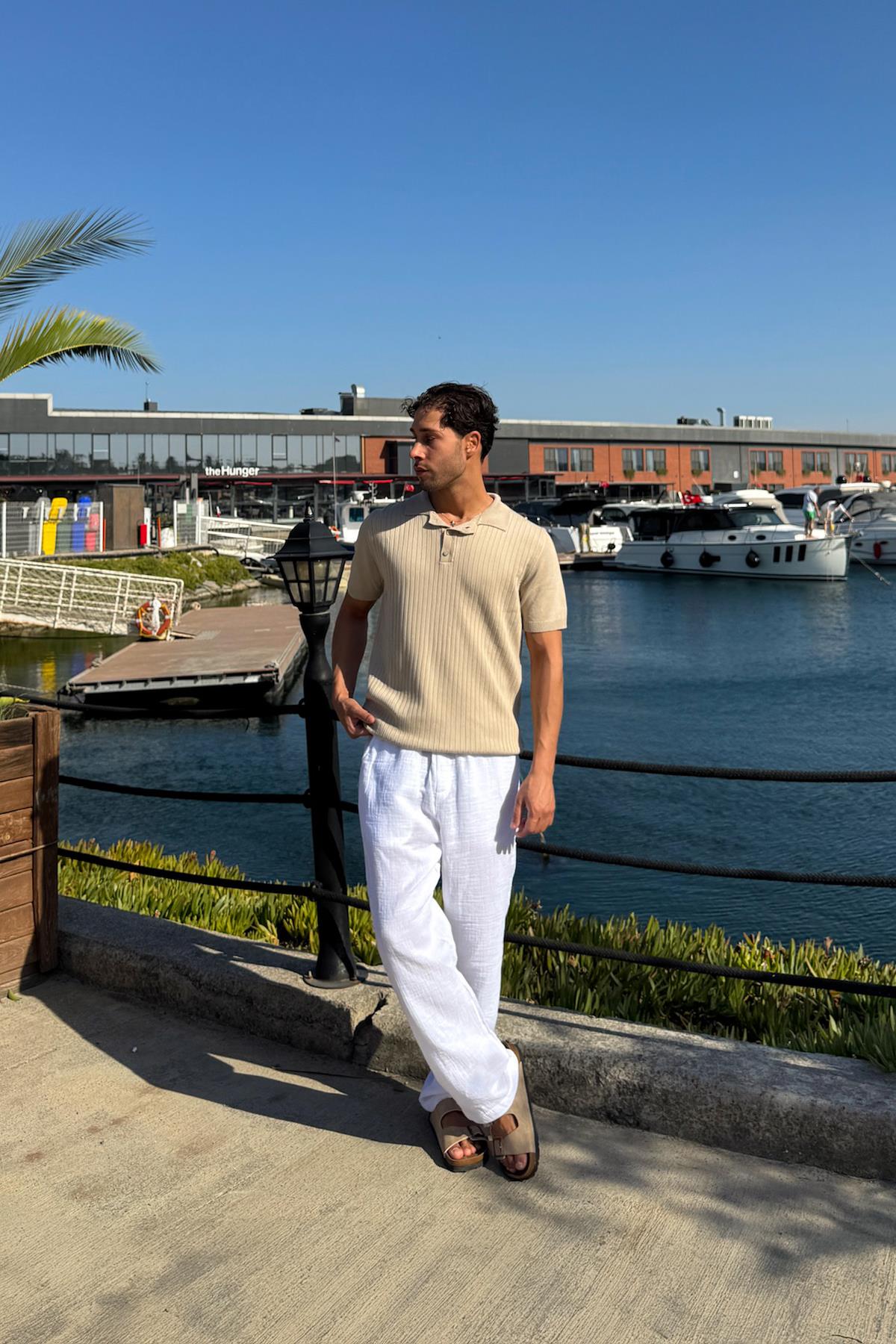 Polo Collar Striped Knit T-Shirt Beige
