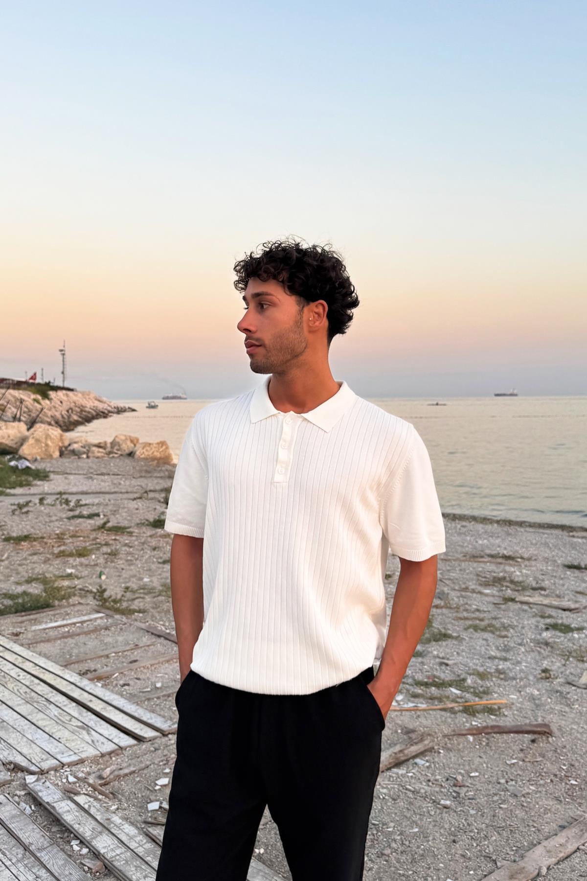 Polo Collar Striped Knit T-shirt