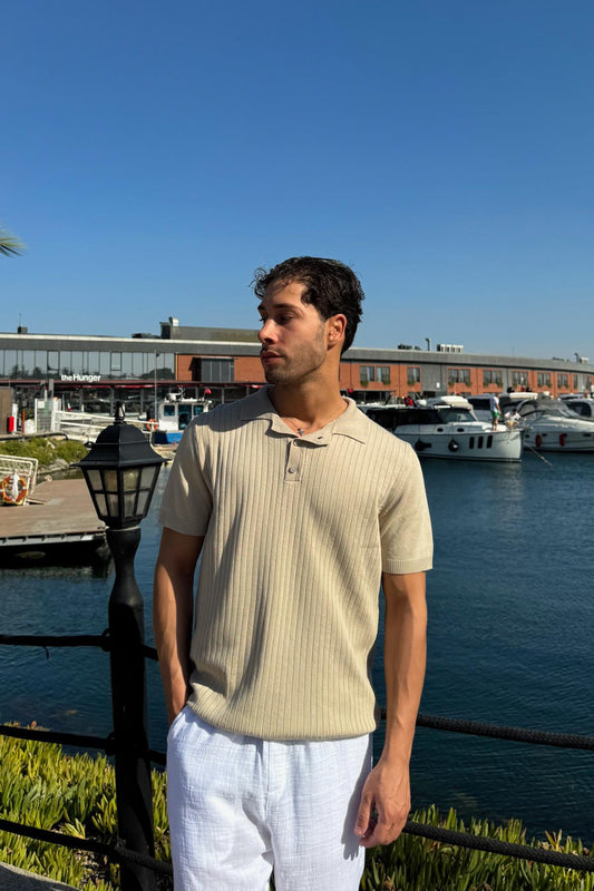 Polo Collar Striped Knit T-Shirt Beige