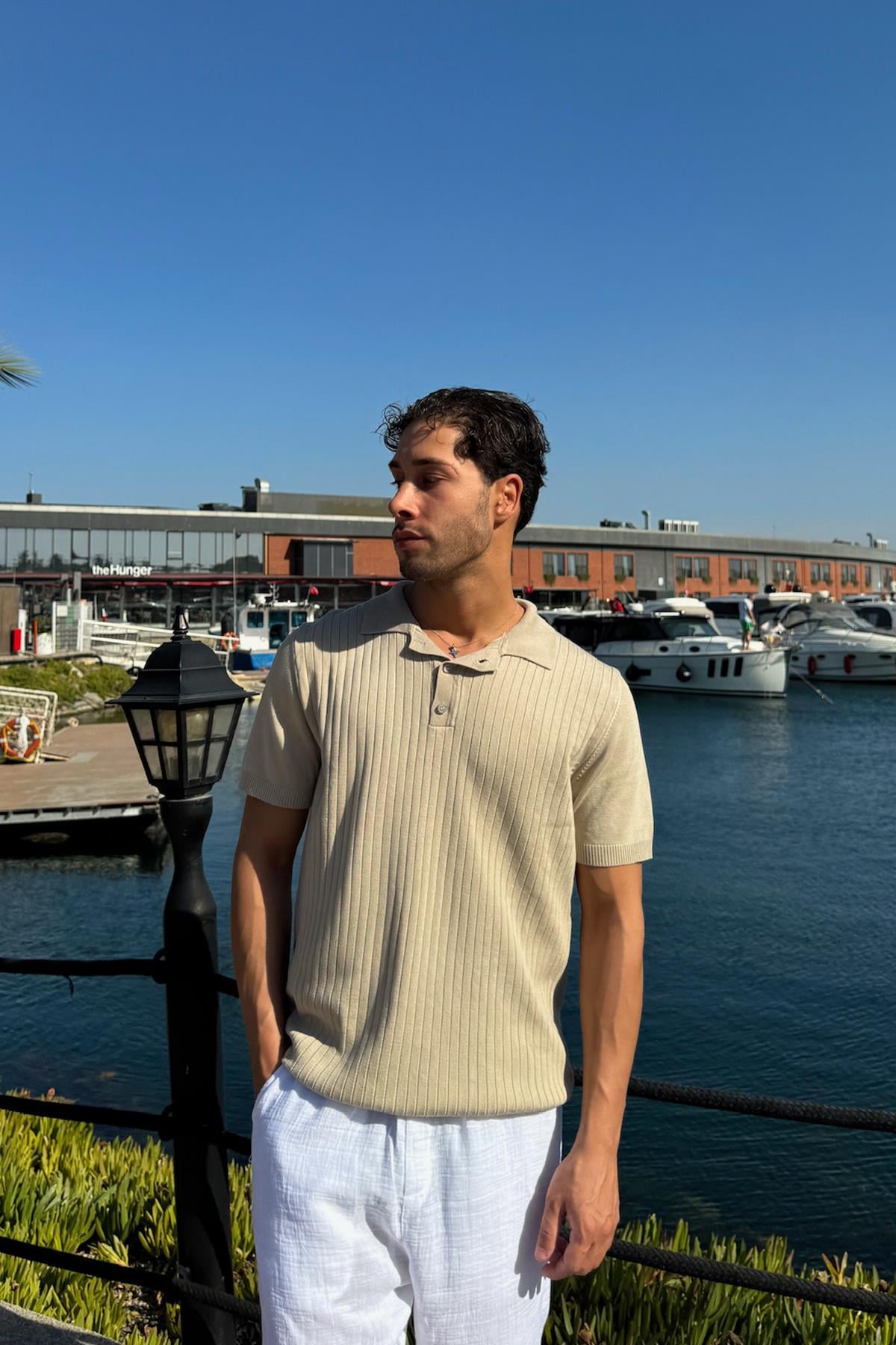Polo Collar Striped Knit T-Shirt Beige