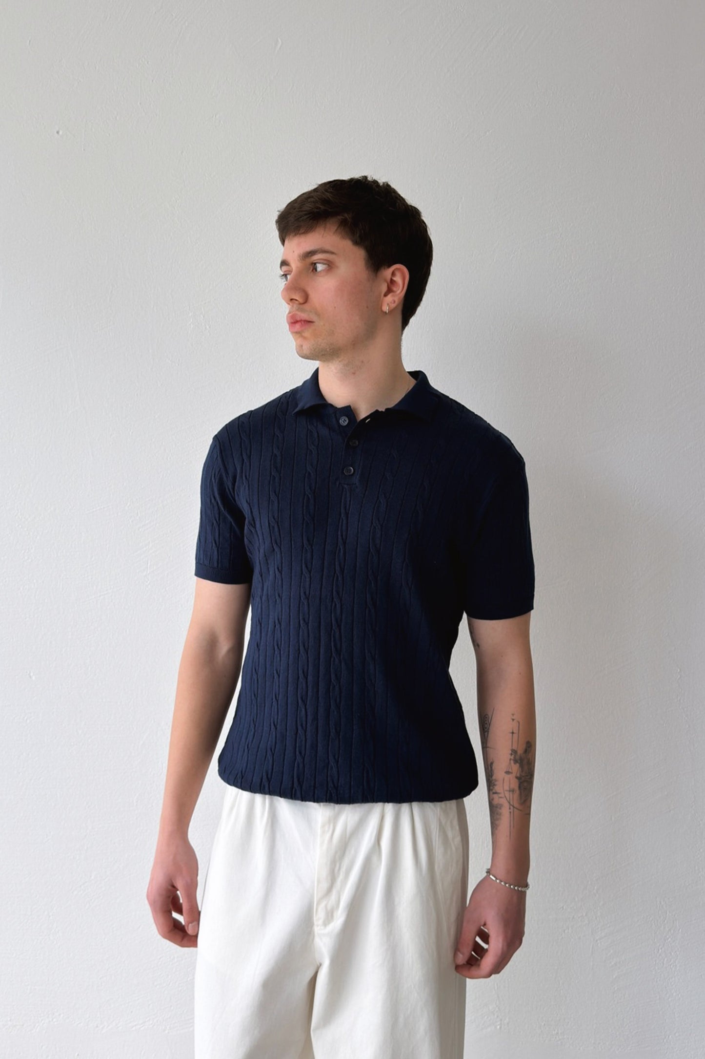 Polo Collar Cable Knit T-Shirt