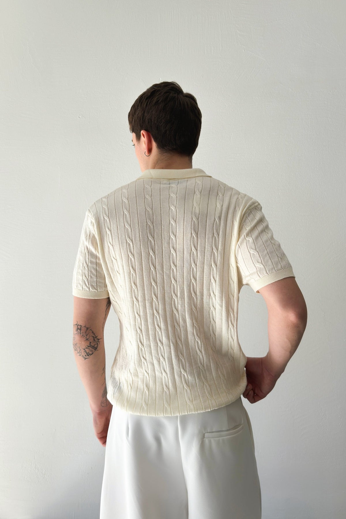 Polo Collar Cable Knit T-Shirt