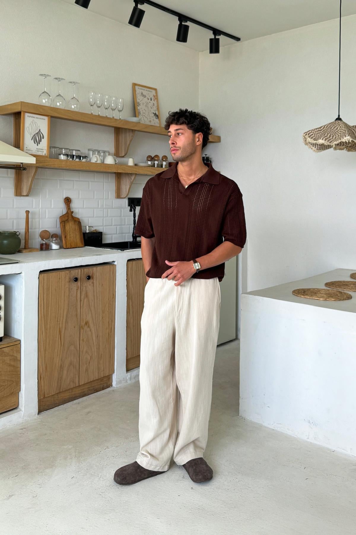 Polo Collar Knit T-Shirt Brown