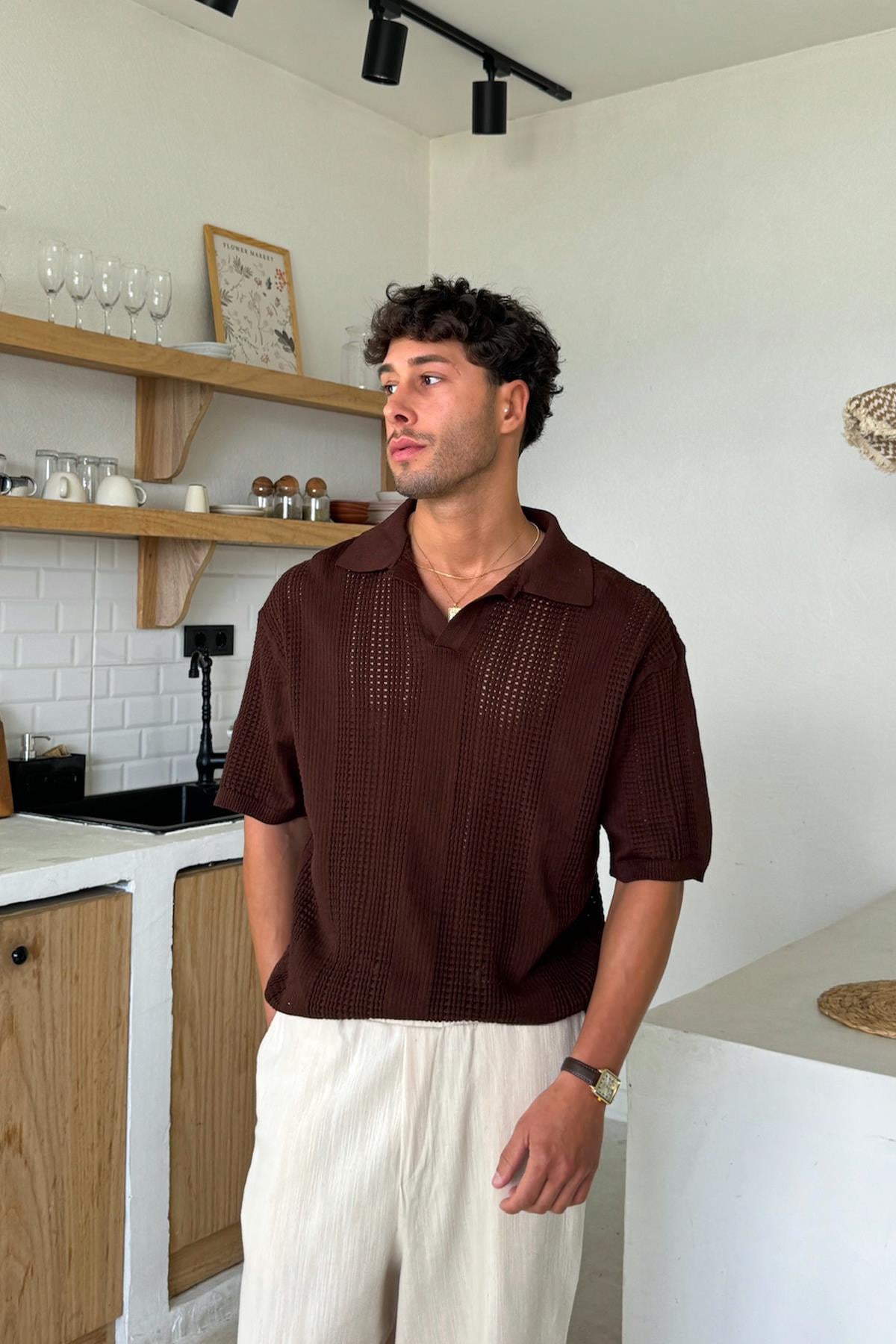 Polo Collar Knit T-Shirt Brown