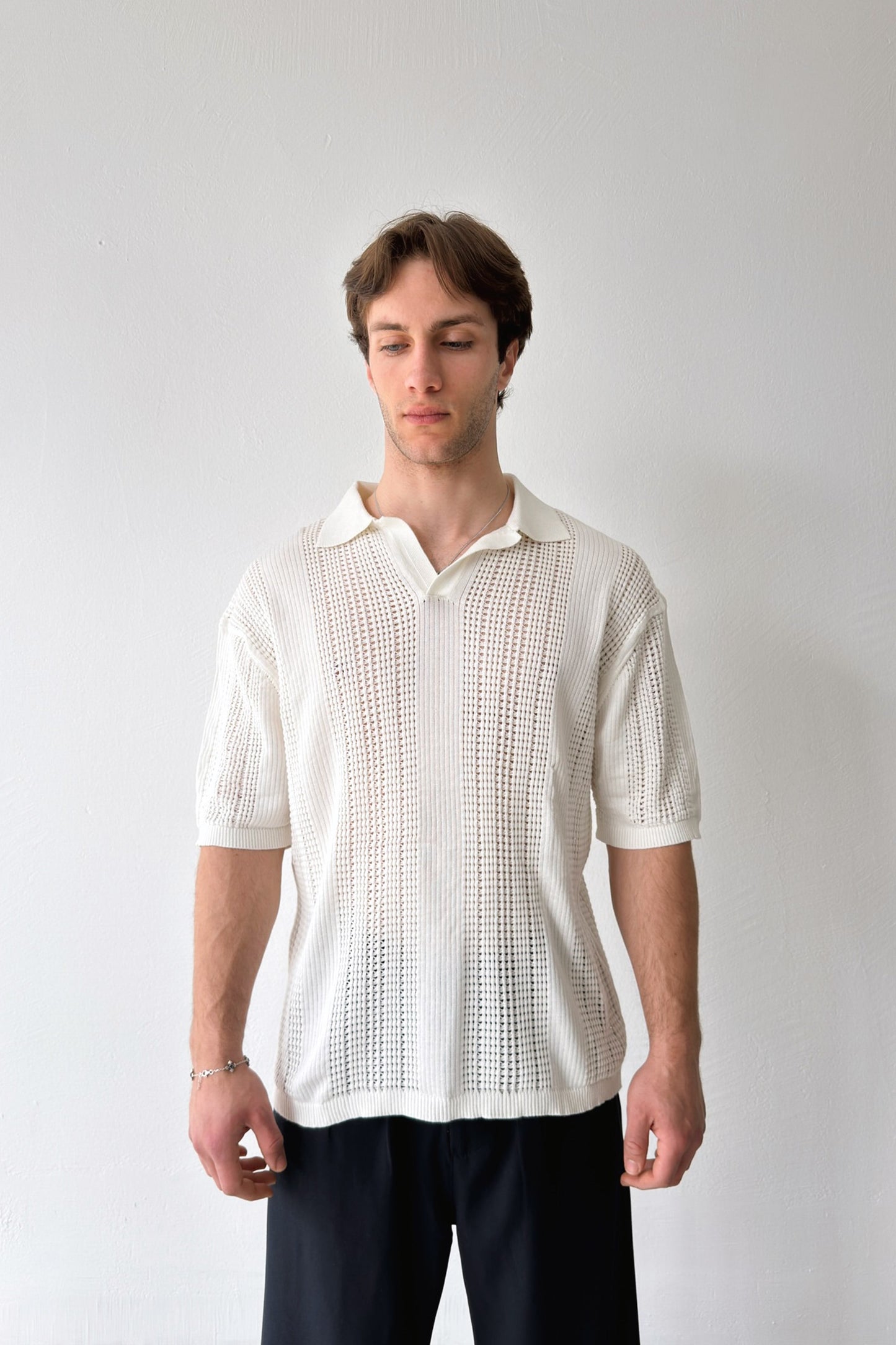 Polo Collar Knit T-Shirt, Ecru
