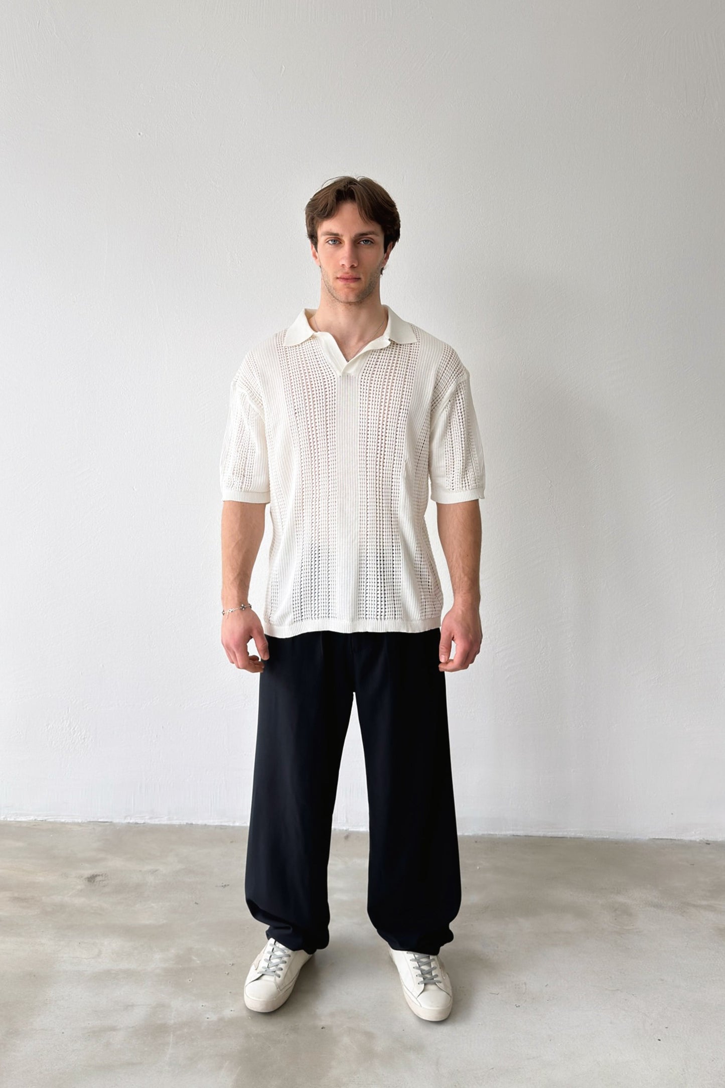 Polo Collar Knit T-Shirt, Ecru