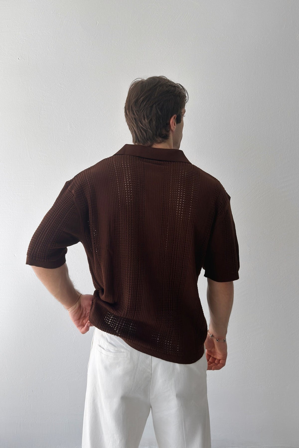 Polo Collar Knit T-Shirt Brown