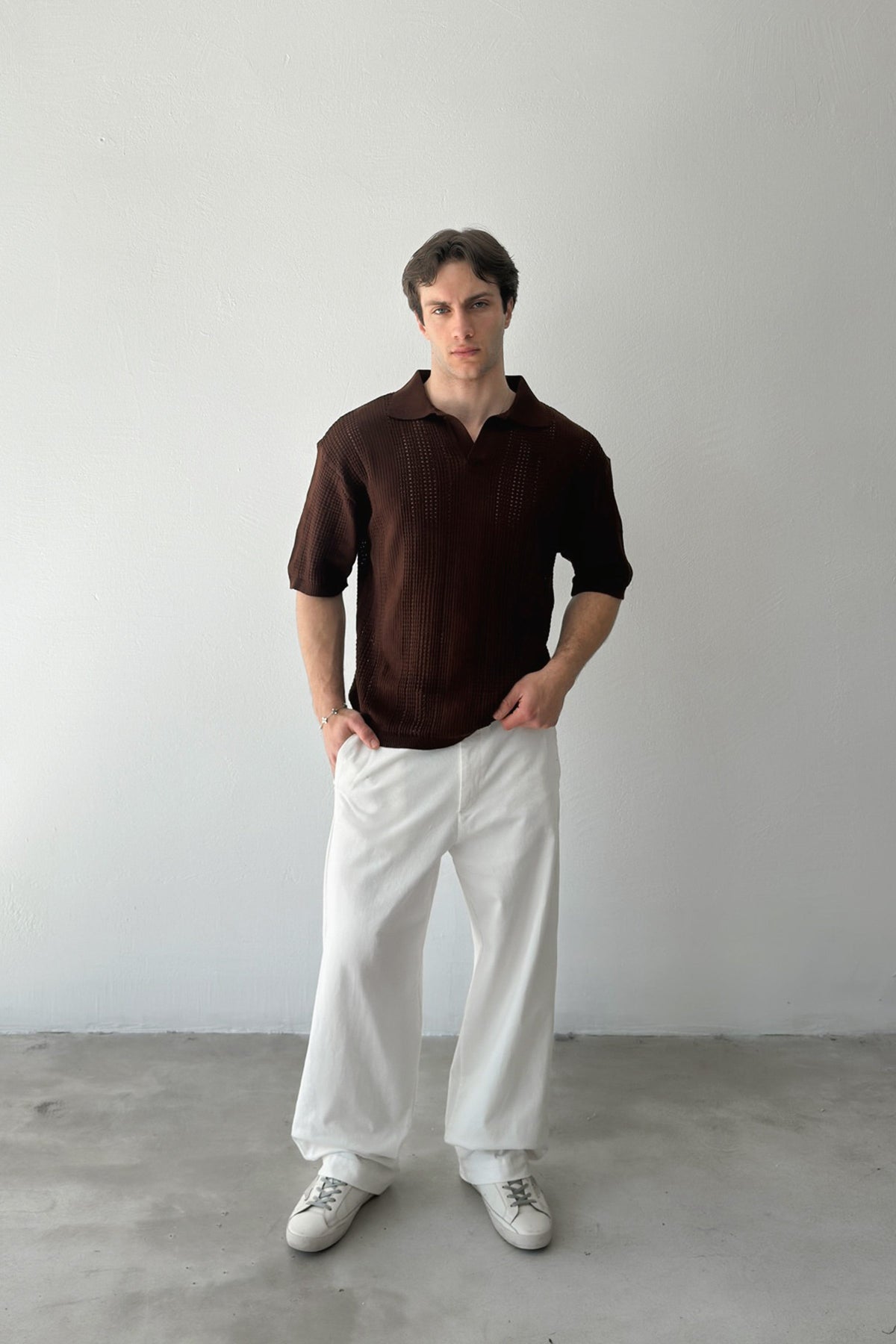 Polo Collar Knit T-Shirt Brown