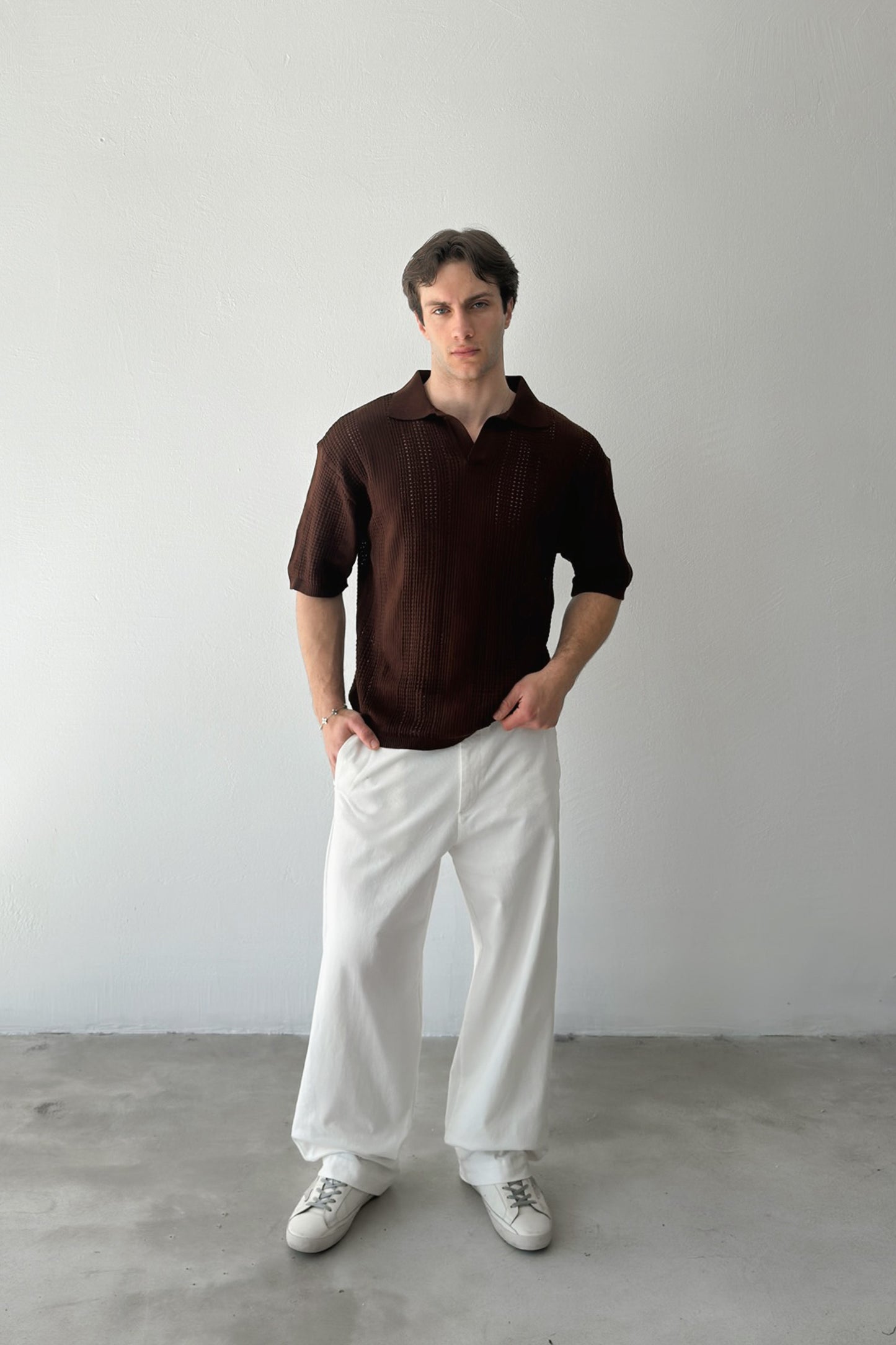 Polo Collar Knit T-Shirt Brown