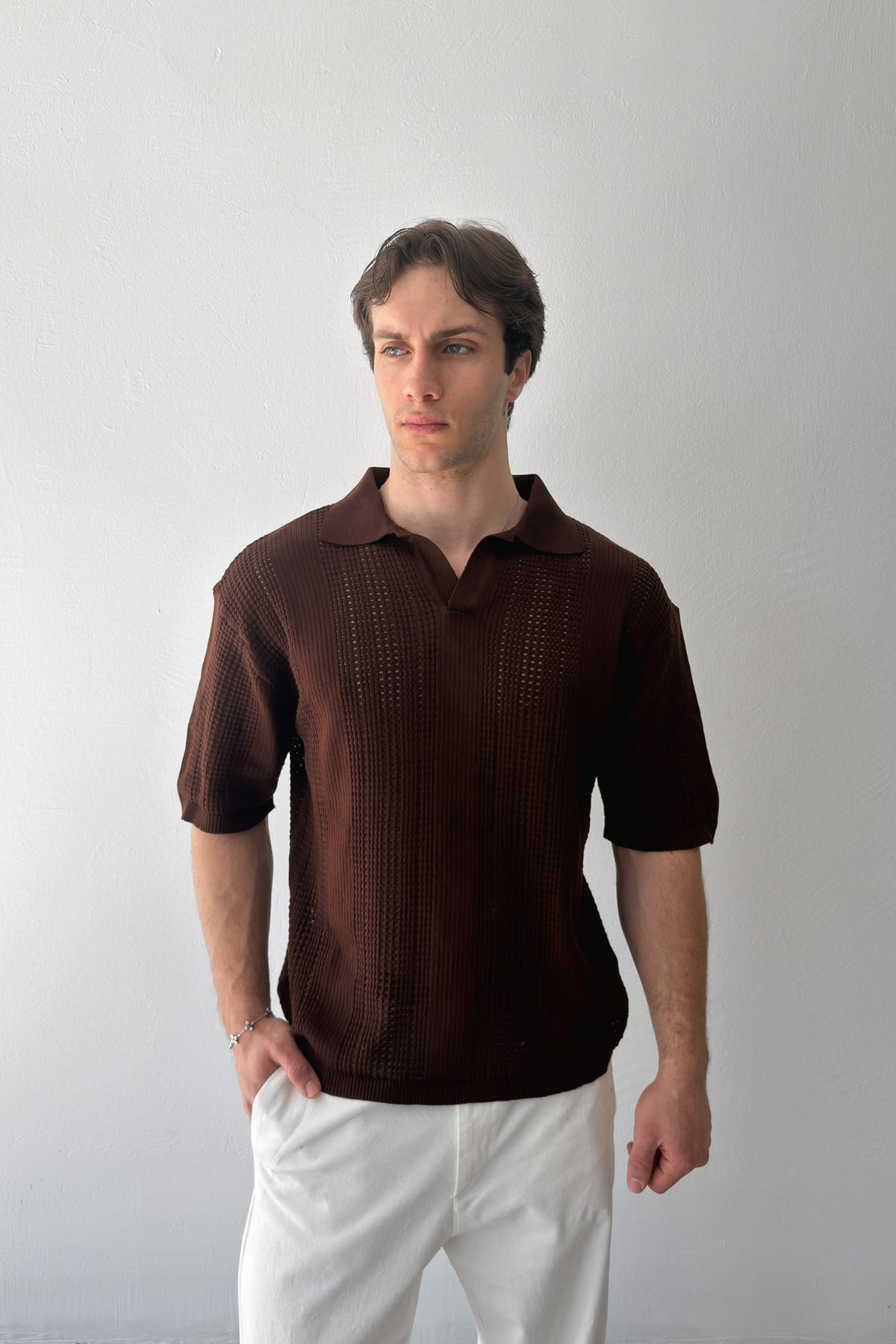 Polo Collar Knit T-Shirt Brown