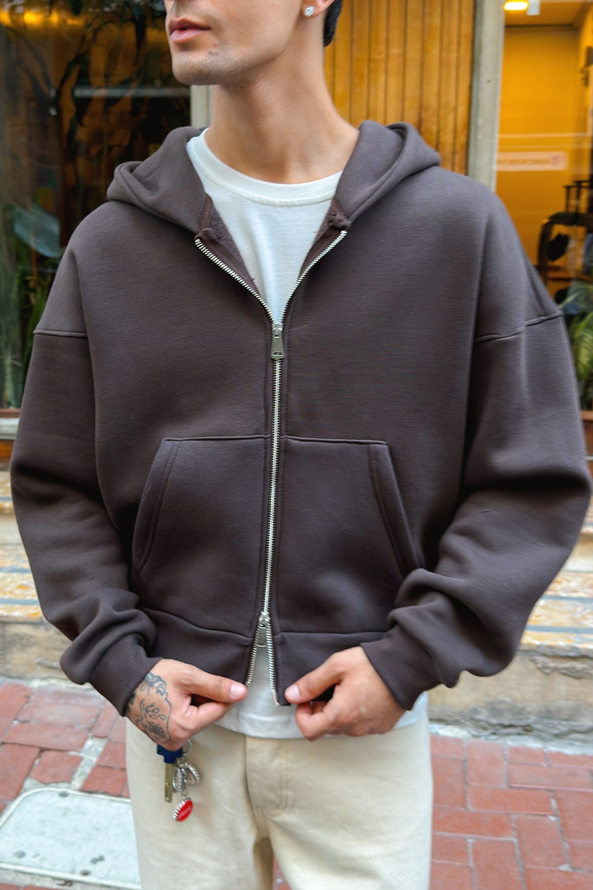 Puffer Dark Brown Boxy Fit Zippered Hoodie