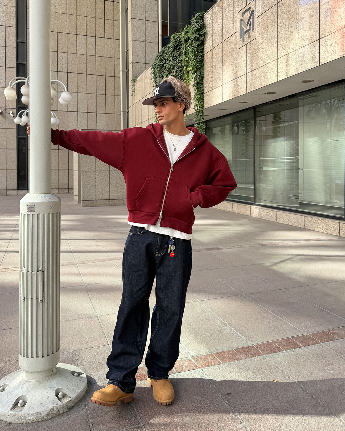 Puffer Wine Red Boxy Fit Zippered Hoodie