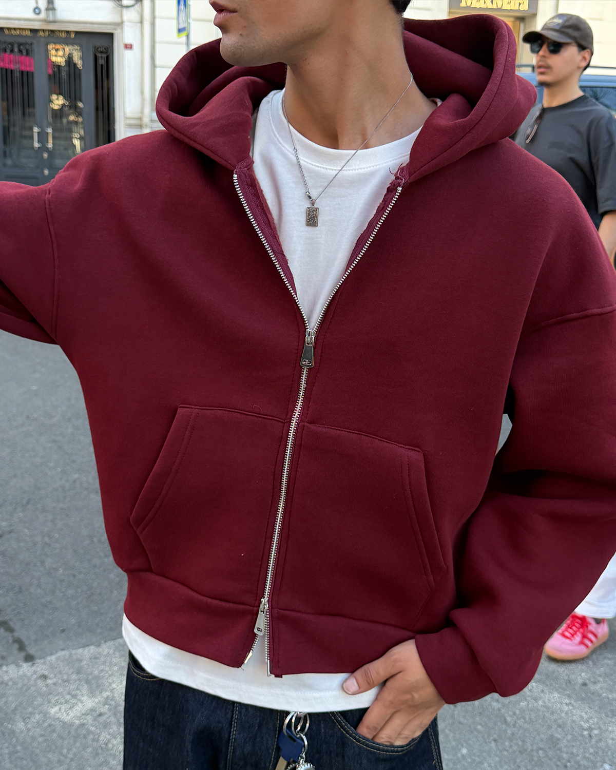 Puffer Wine Red Boxy Fit Zippered Hoodie