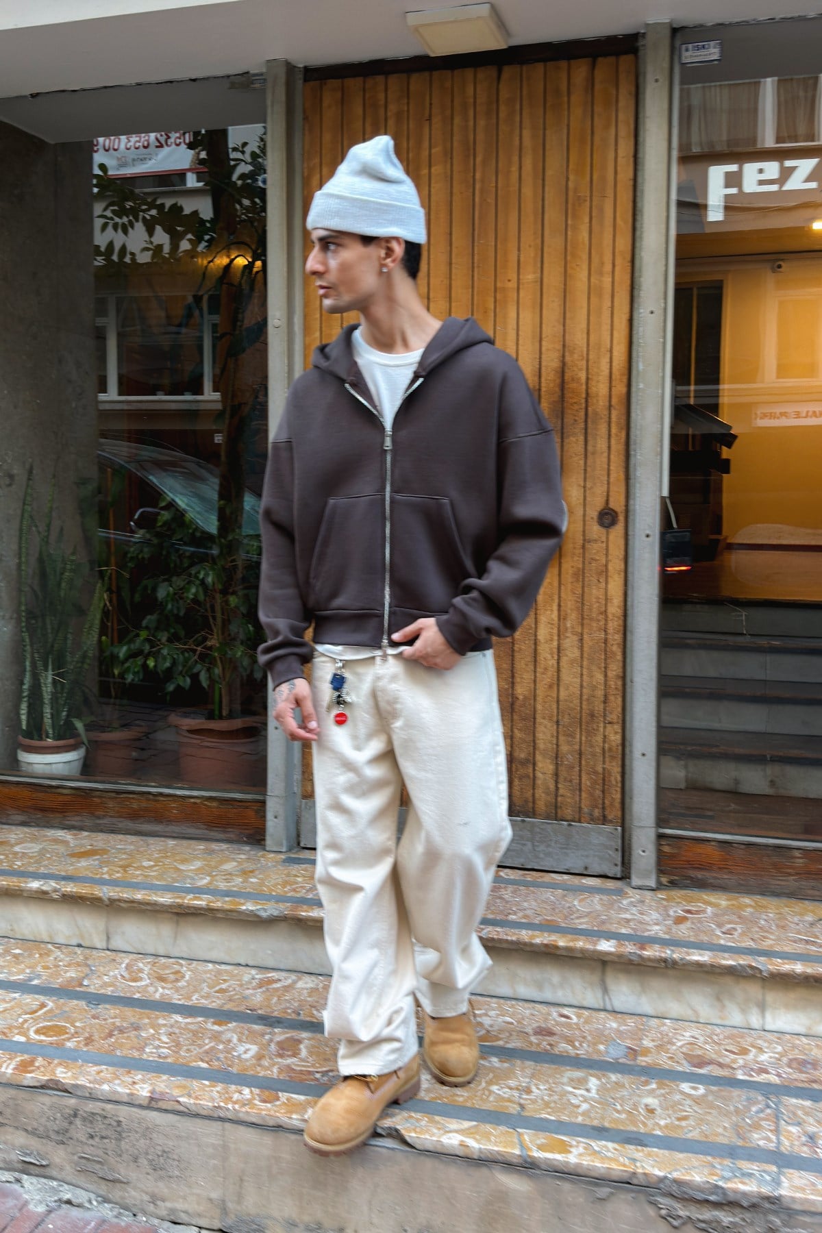 Puffer Dark Brown Boxy Fit Zippered Hoodie