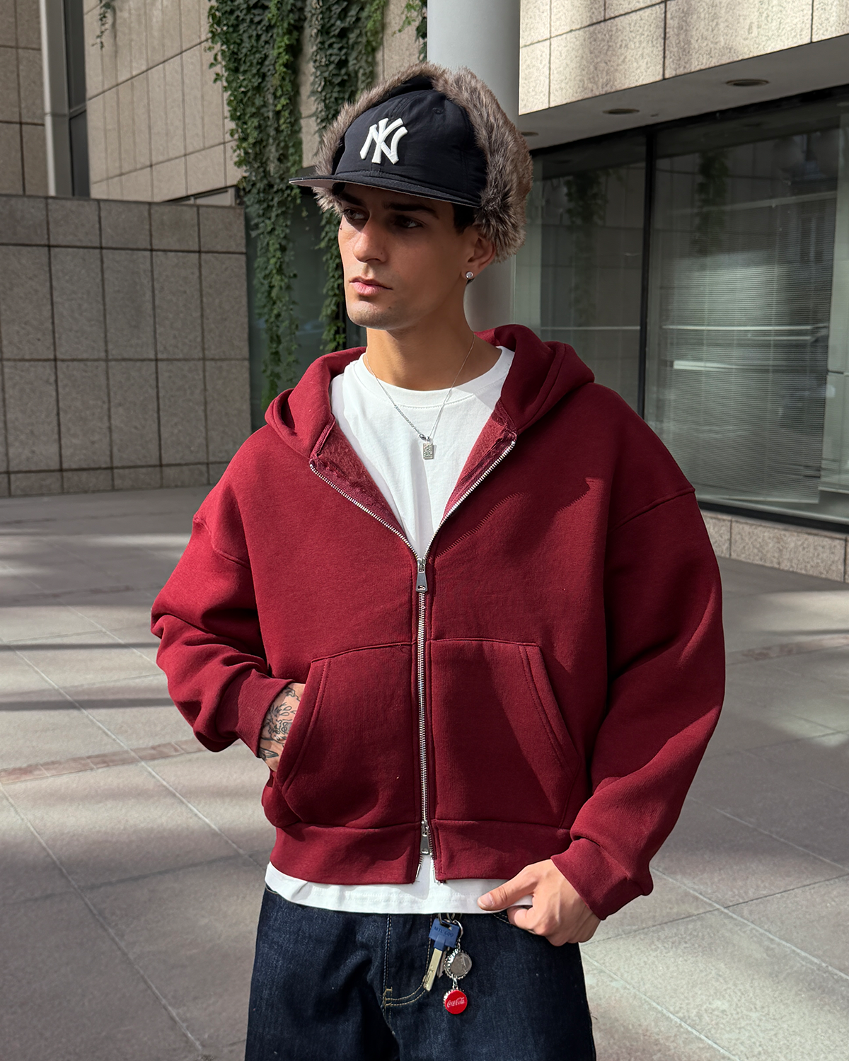 Puffer Wine Red Boxy Fit Zippered Hoodie