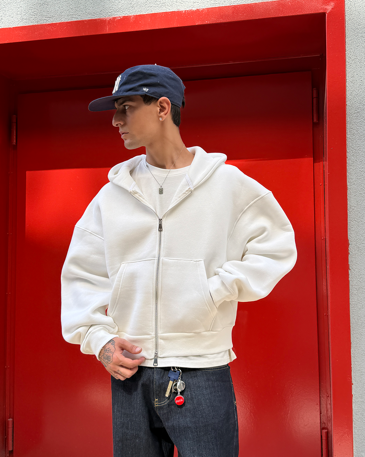 Puffer White Boxy Fit Zippered Hoodie