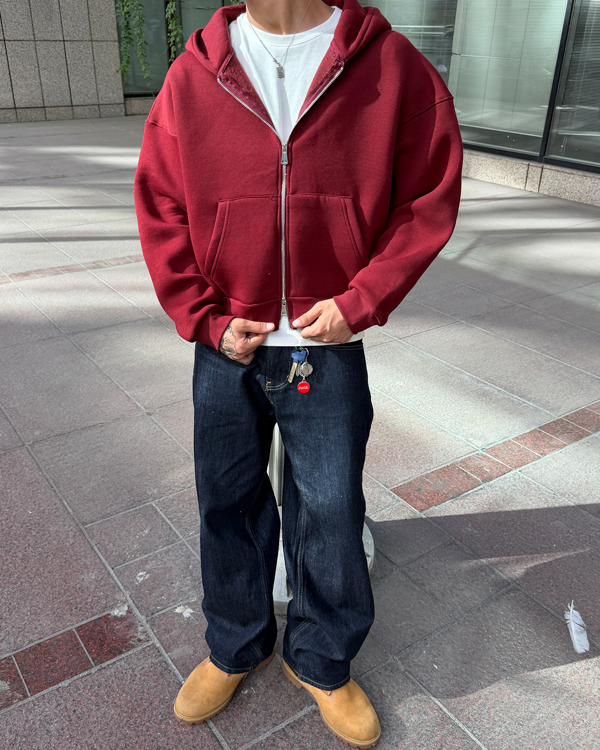 Puffer Wine Red Boxy Fit Zippered Hoodie