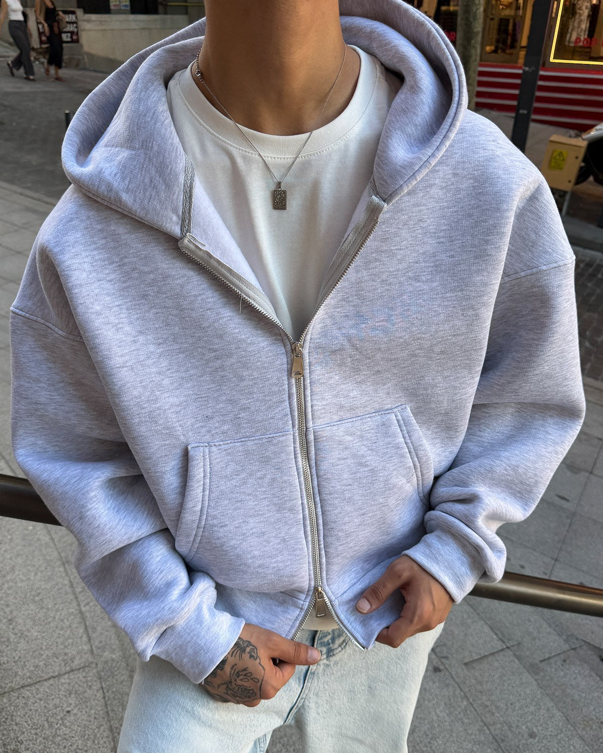 Puffer Melange Gray Boxy Fit Zippered Hoodie