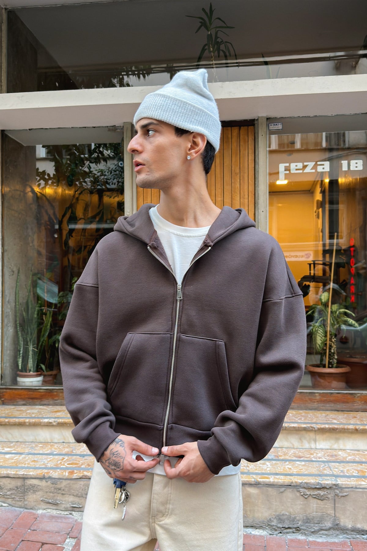 Puffer Dark Brown Boxy Fit Zippered Hoodie