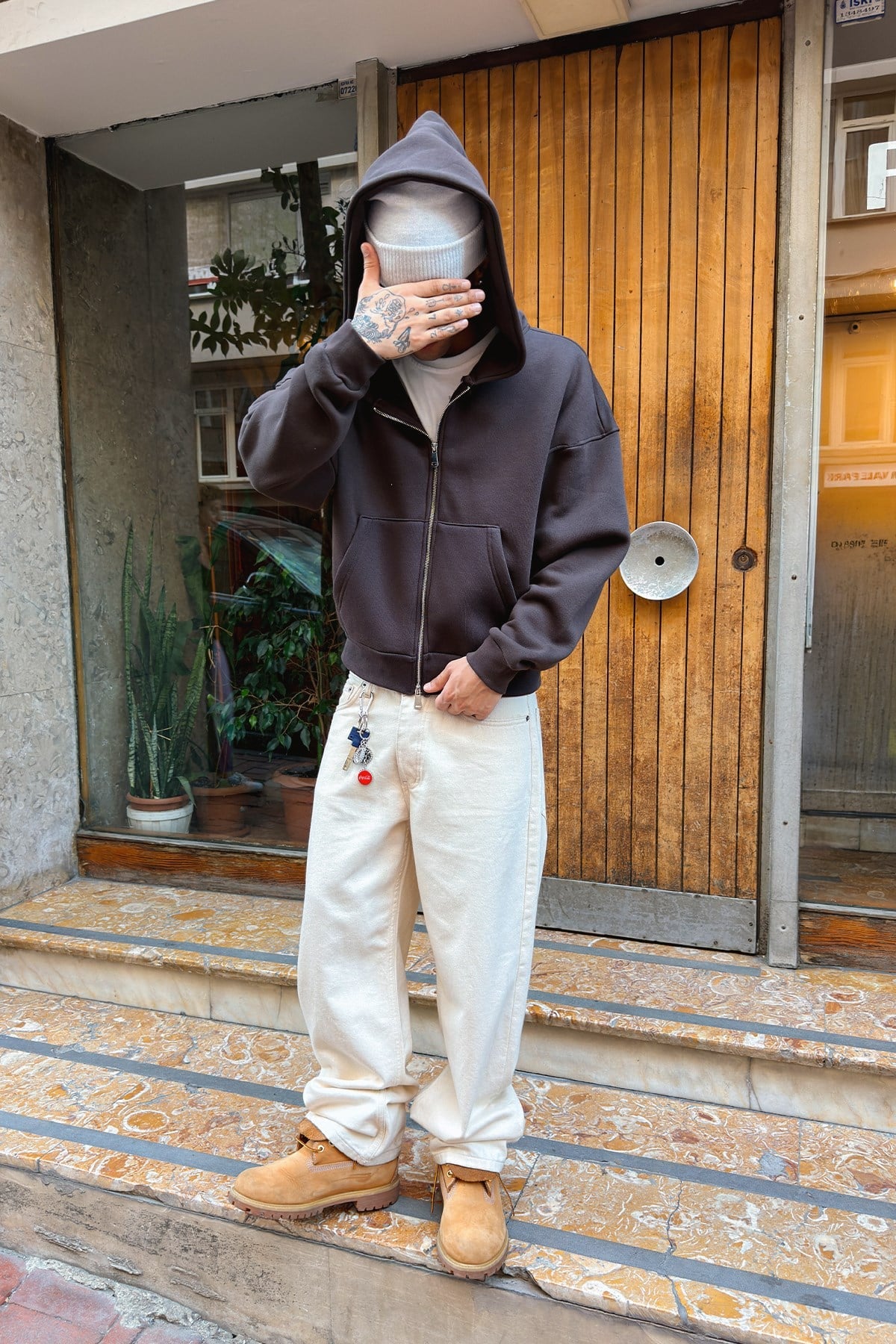 Puffer Dark Brown Boxy Fit Zippered Hoodie