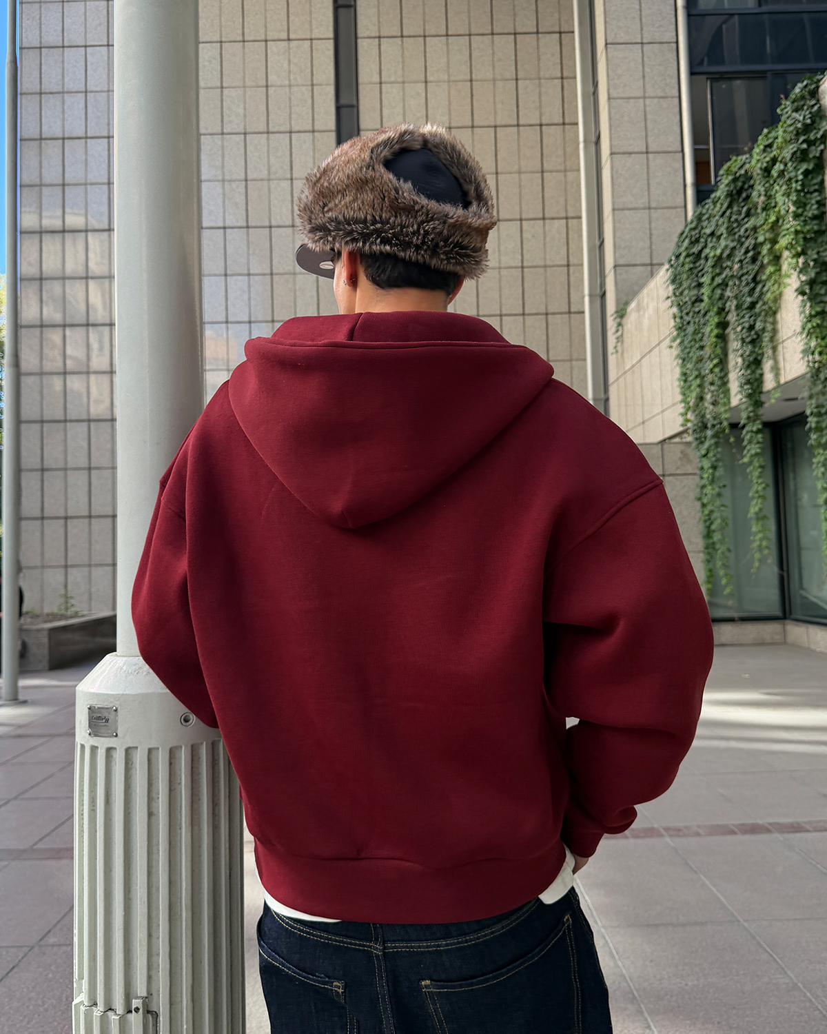 Puffer Wine Red Boxy Fit Zippered Hoodie