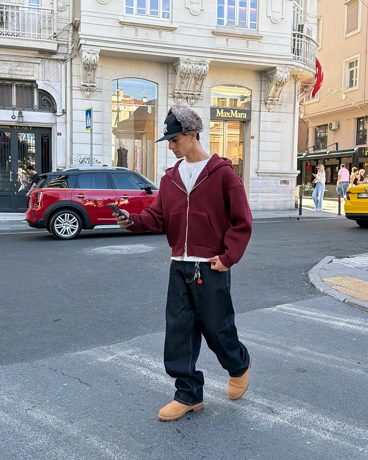 Puffer Wine Red Boxy Fit Zippered Hoodie