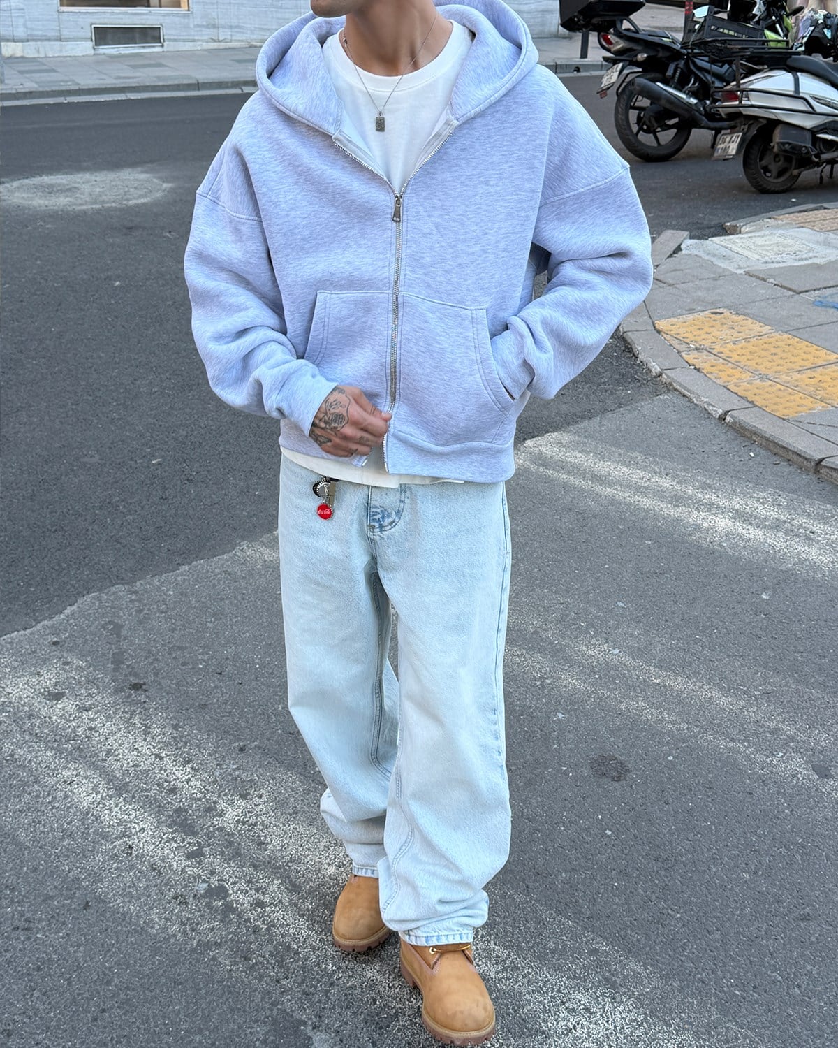 Puffer Melange Gray Boxy Fit Zippered Hoodie
