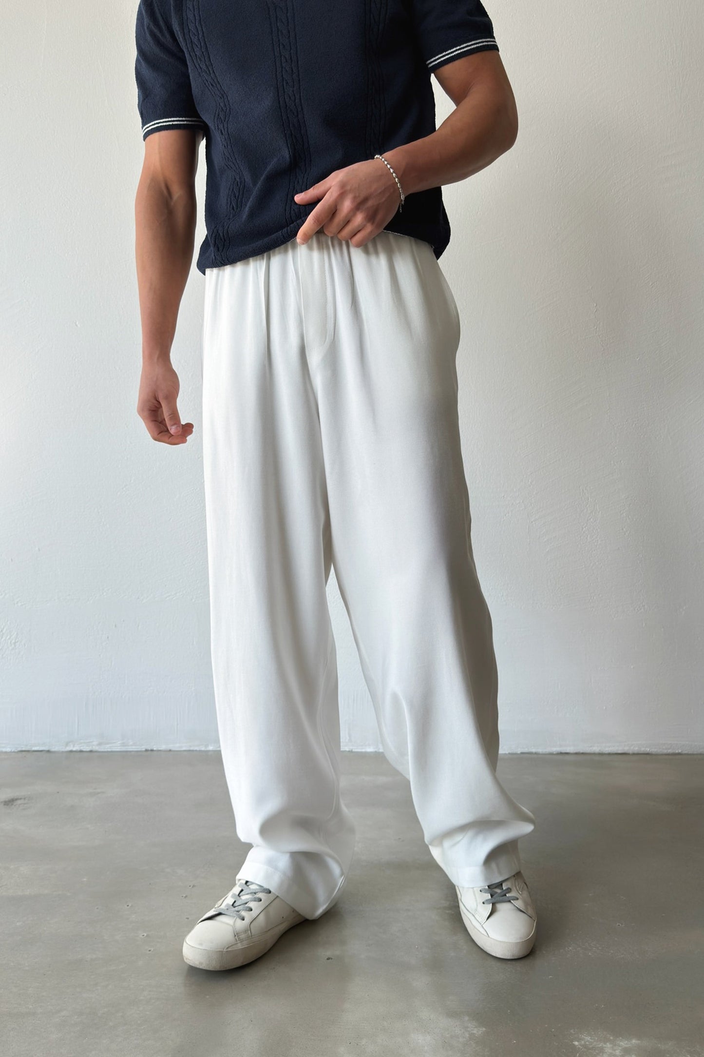Relaxed Fit Baggy Pants with Elastic Waistband White