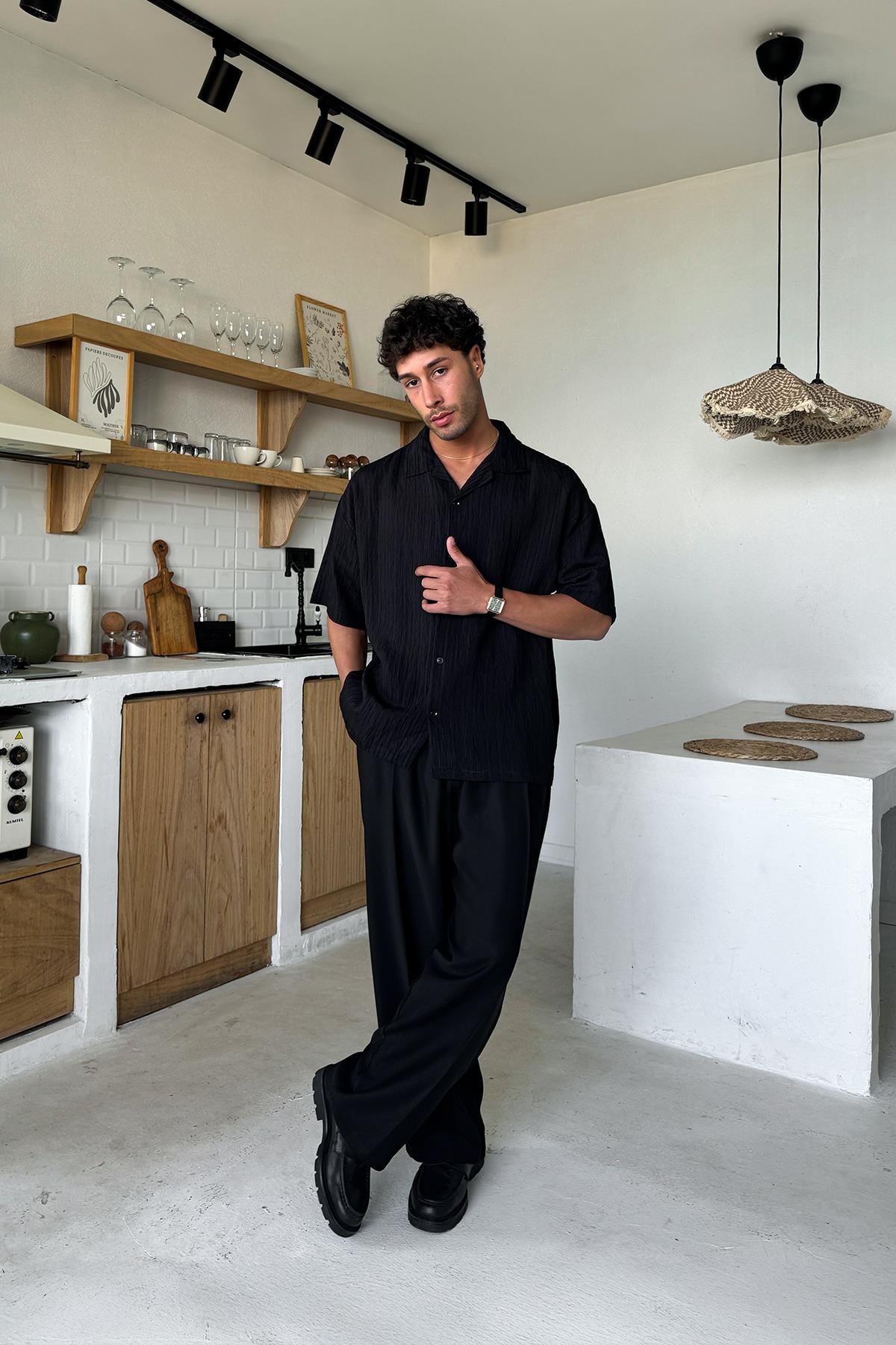 Relaxed Fit Baggy Pants with Elastic Waistband, Black