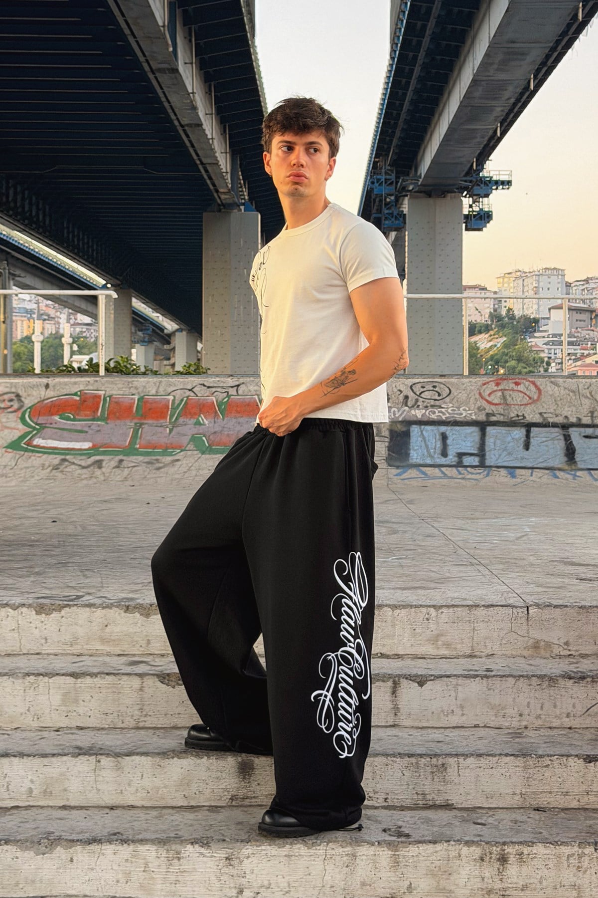 Script Adjustable Black Baggy Sweatpants