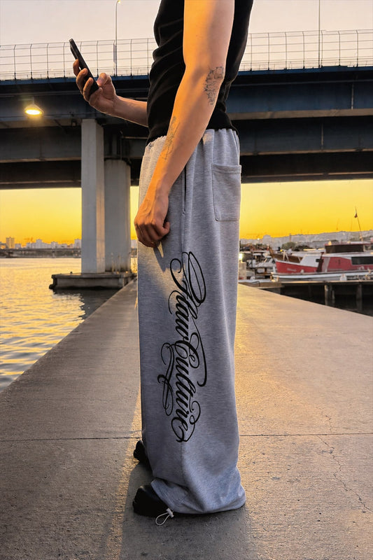 Script Adjustable Grey Melange Baggy Sweatpants