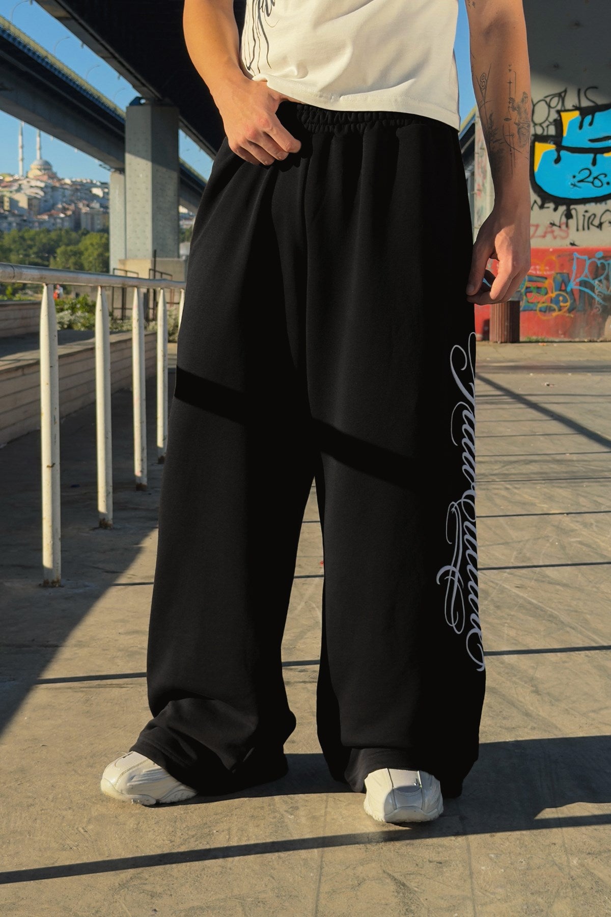 Script Adjustable Black Baggy Sweatpants