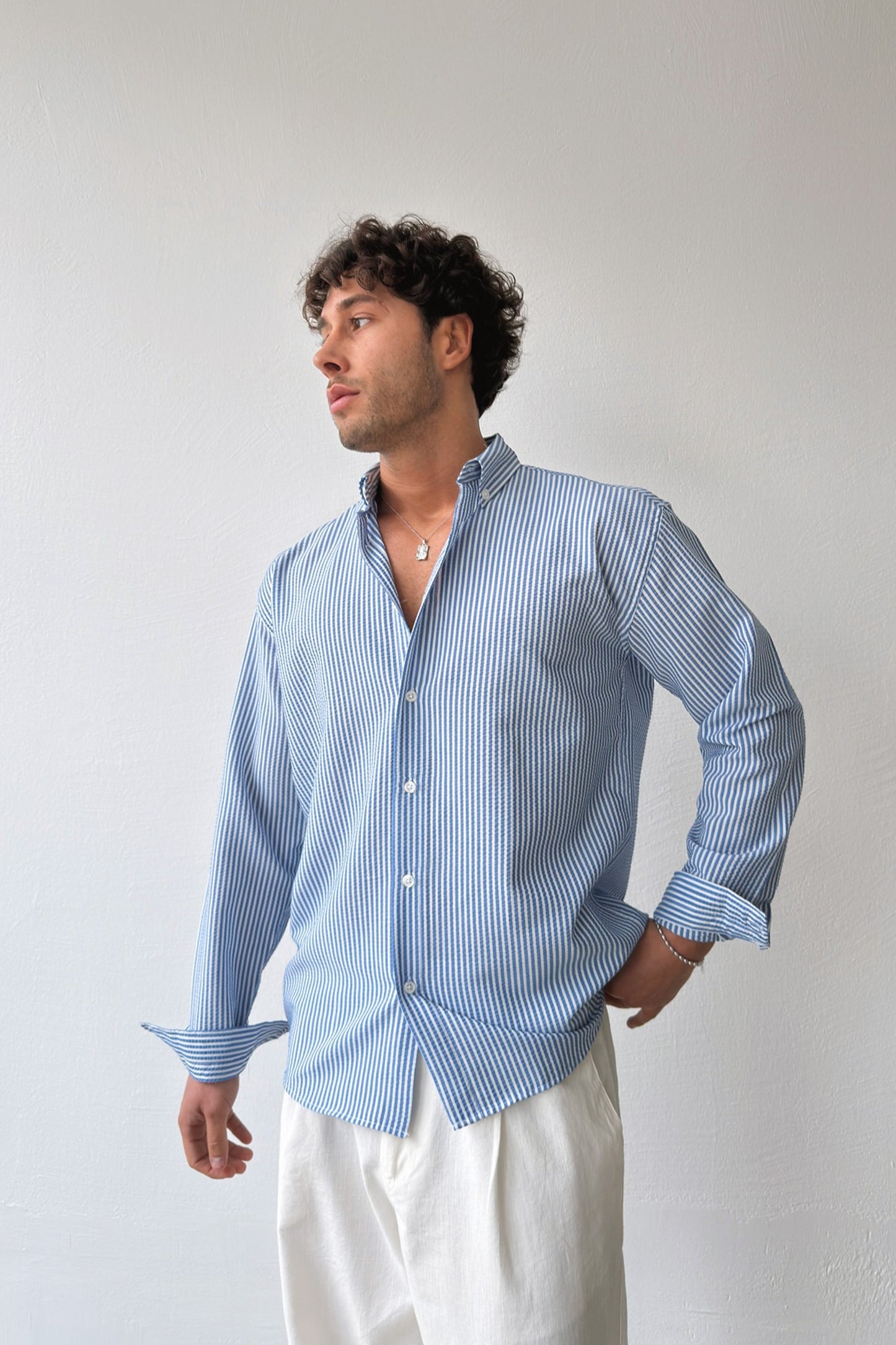 Solar Stripes Navy Blue Waffle Striped Shirt