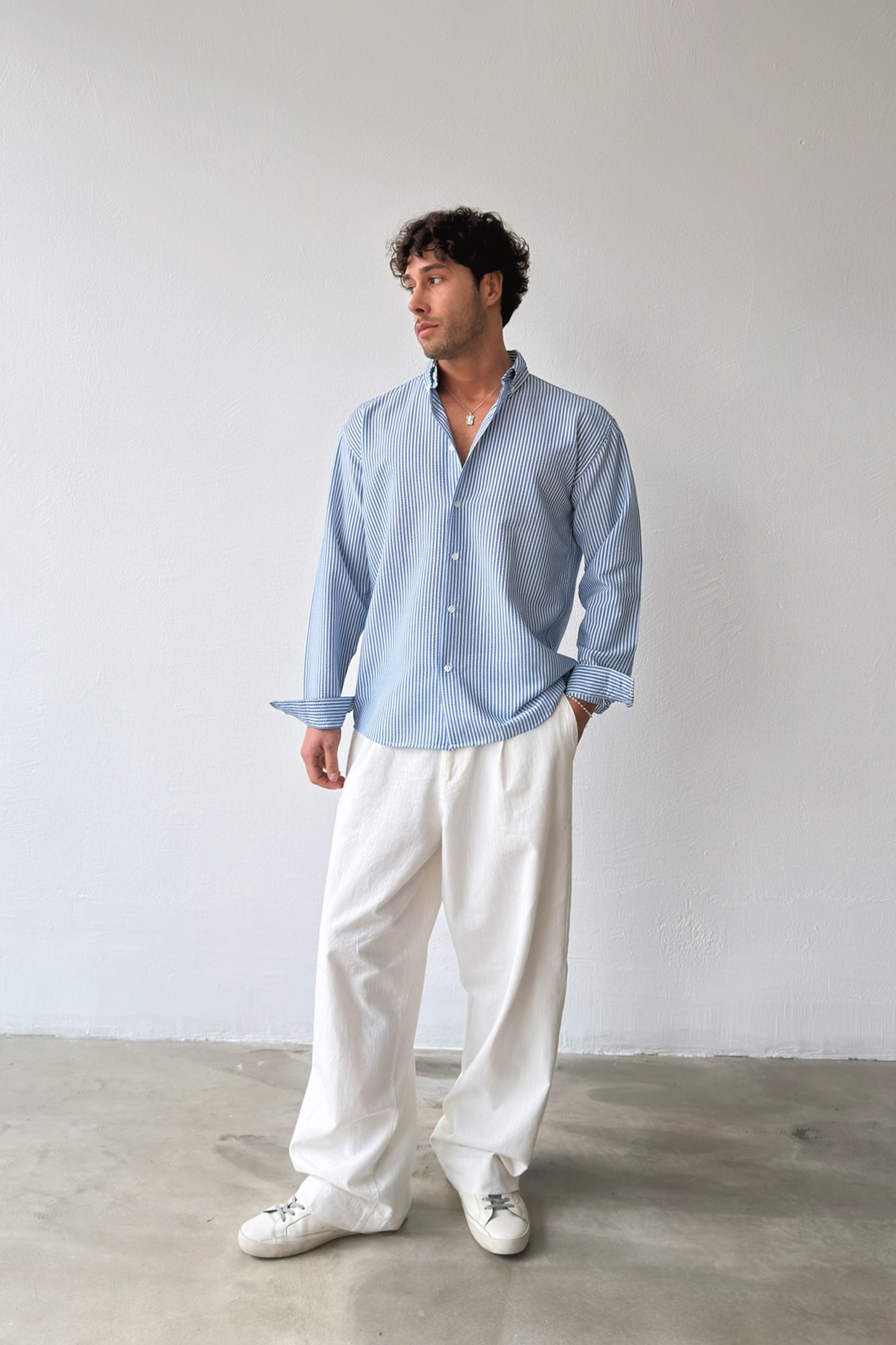 Solar Stripes Navy Blue Waffle Striped Shirt