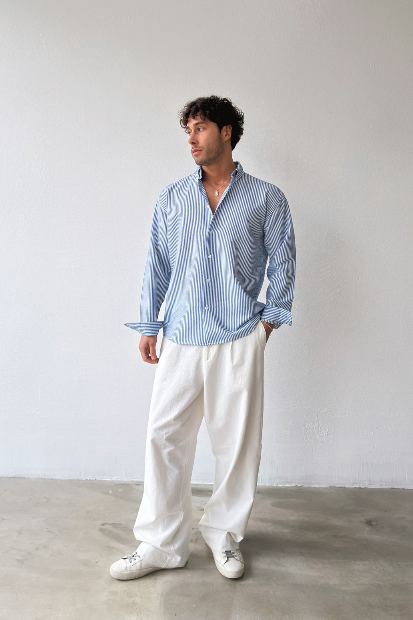 Solar Stripes Navy Blue Waffle Striped Shirt