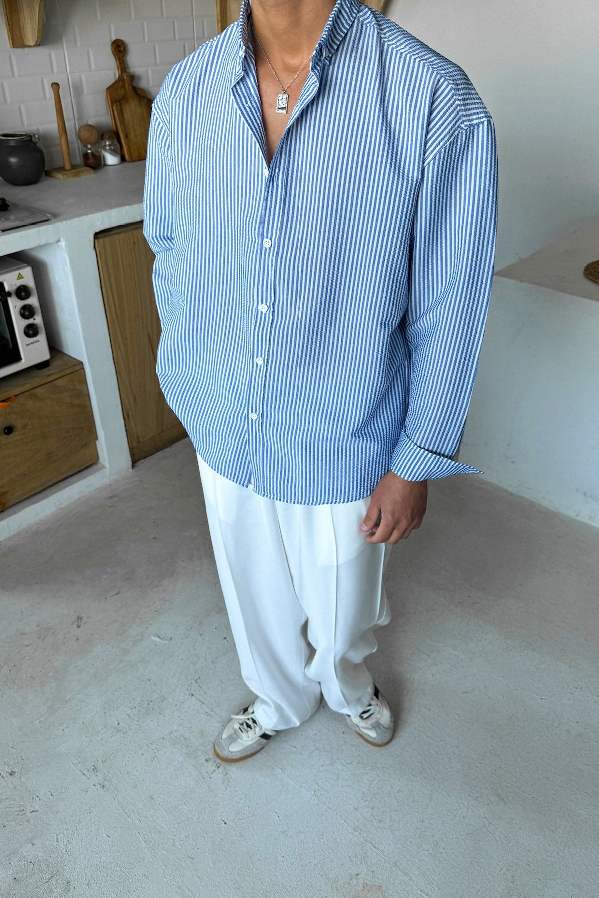 Solar Stripes Navy Blue Waffle Striped Shirt