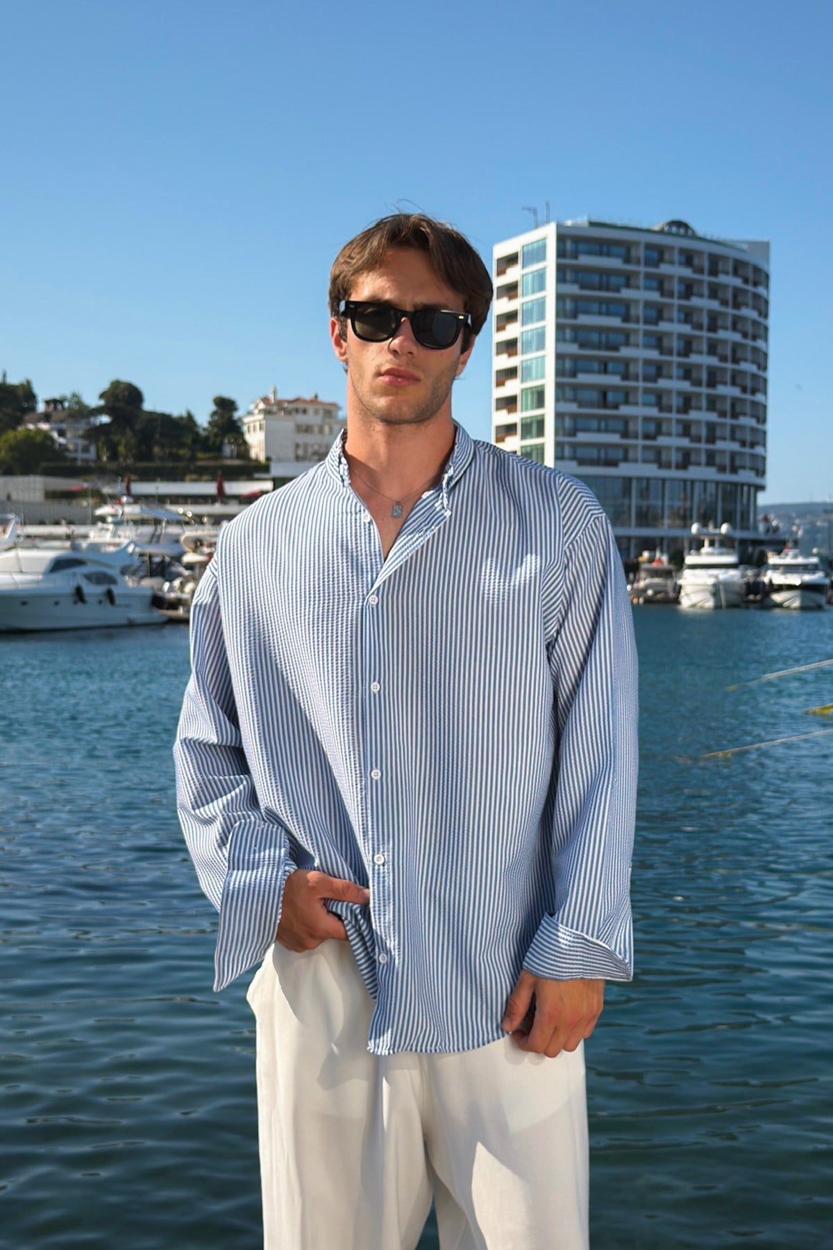 Solar Stripes Navy Blue Waffle Striped Shirt